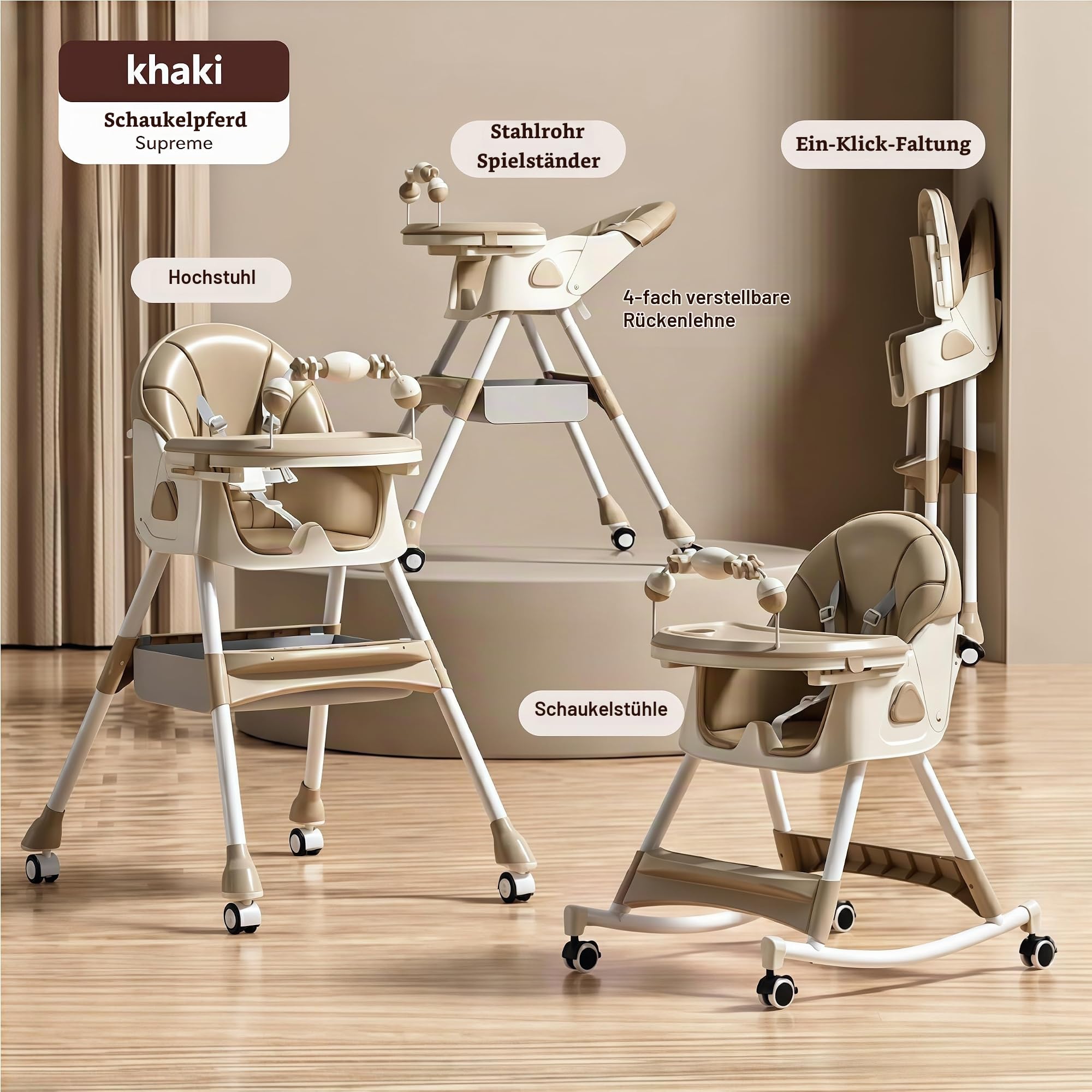 Magic ZC Baby Hochstühle Baby-Hochstuhl Kleinkind-Esszimmerstuhl mit Schwingmodus und 3 Liegepositionen mit abnehmbaren Doppelplatten und Rädern mit bequemer Lagerung (560 Khaki)