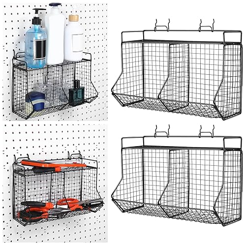 Huwena Juego de 2 cestas escalonadas con 4 ganchos, sistema de almacenamiento de piezas de tablero perforado negro, organizador de herramientas de