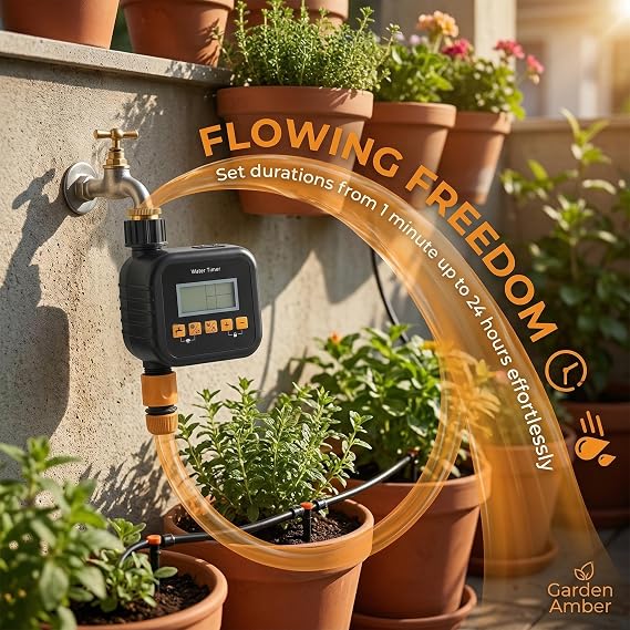 Garden Water Timer with Brass Inlet & Outlet, Automatic Irrigation Controller with Large LCD Screen, Hose Timer with Rain Delay & Manual Mode, Programmable Sprinkler system for Lawn Garden Greenhouse