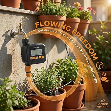 Garden Water Timer with Brass Inlet & Outlet, Automatic Irrigation Controller with Large LCD Screen, Hose Timer with Rain Delay & Manual Mode, Programmable Sprinkler system for Lawn Garden Greenhouse