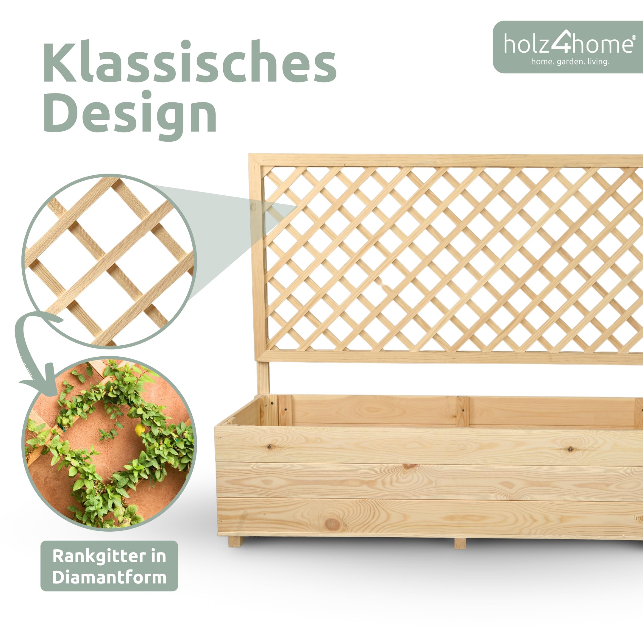 holz4home® Pflanzkasten mit Rankgitter XL aus Kiefernholz I 44x128x104 cm I inkl. Gartenhandschuhe & Vlies I Pflanzkübel mit Spalier I Hochbeet für Balkon als Sichtschutz I Blumenkasten