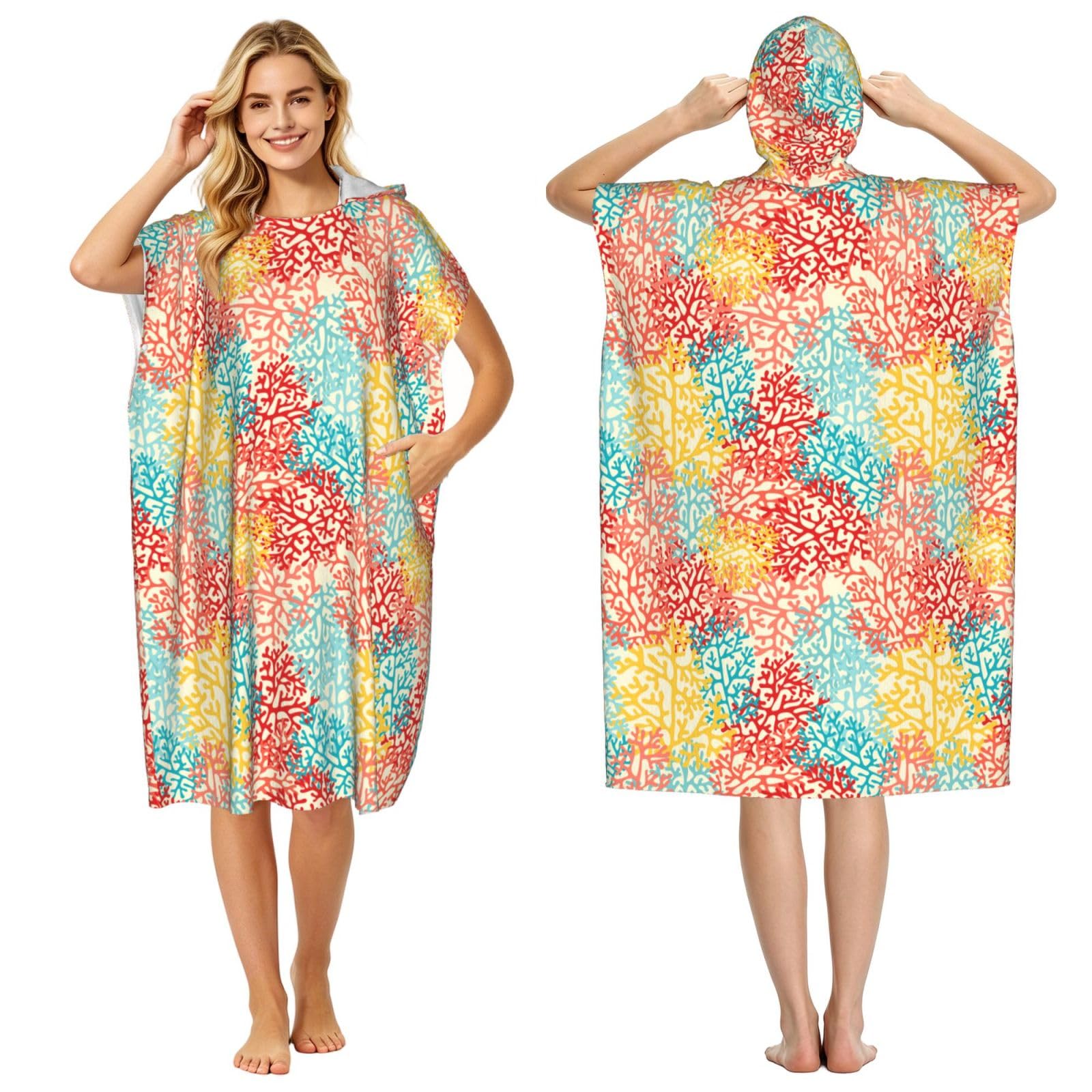 Poadnly Corals Colorful, Adult Hooded Beach Towel 90 x 110 cm,Changing Bath Robe, Surf Poncho Towel For Women Men
