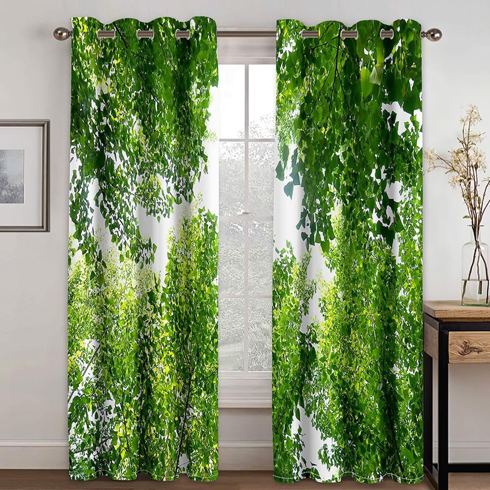 Rideau Anniversaire, Rideau Stof Polyester Vert Arbre Décoration Chambre Salon 132L x 244H CM Lot de 2