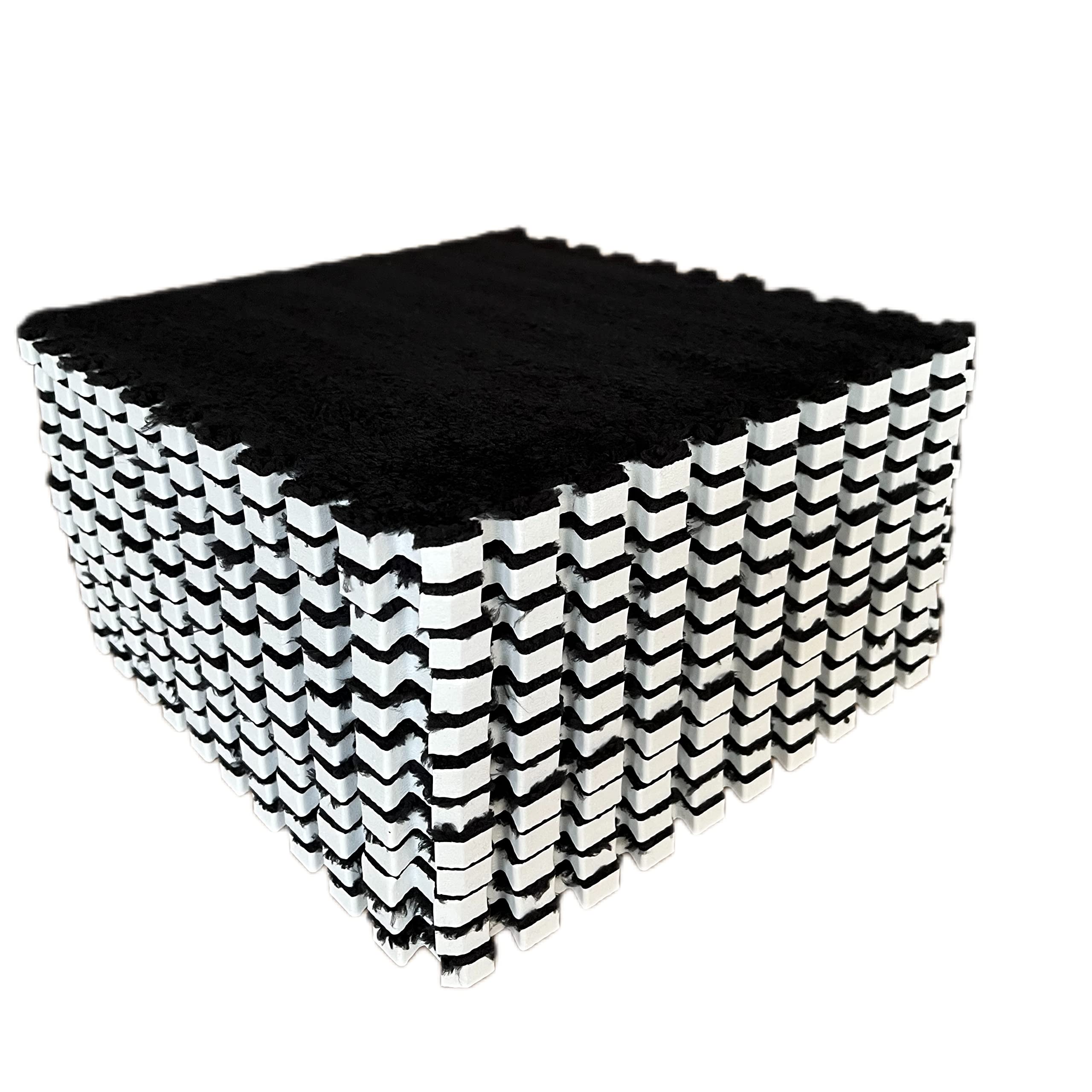 12pcs Tiled Puzzle Play Mats Interlocking Shaggy Soft EVA Foam Mats Protective Floor for Children Kids Room Home Parlor Bedroom(Black)