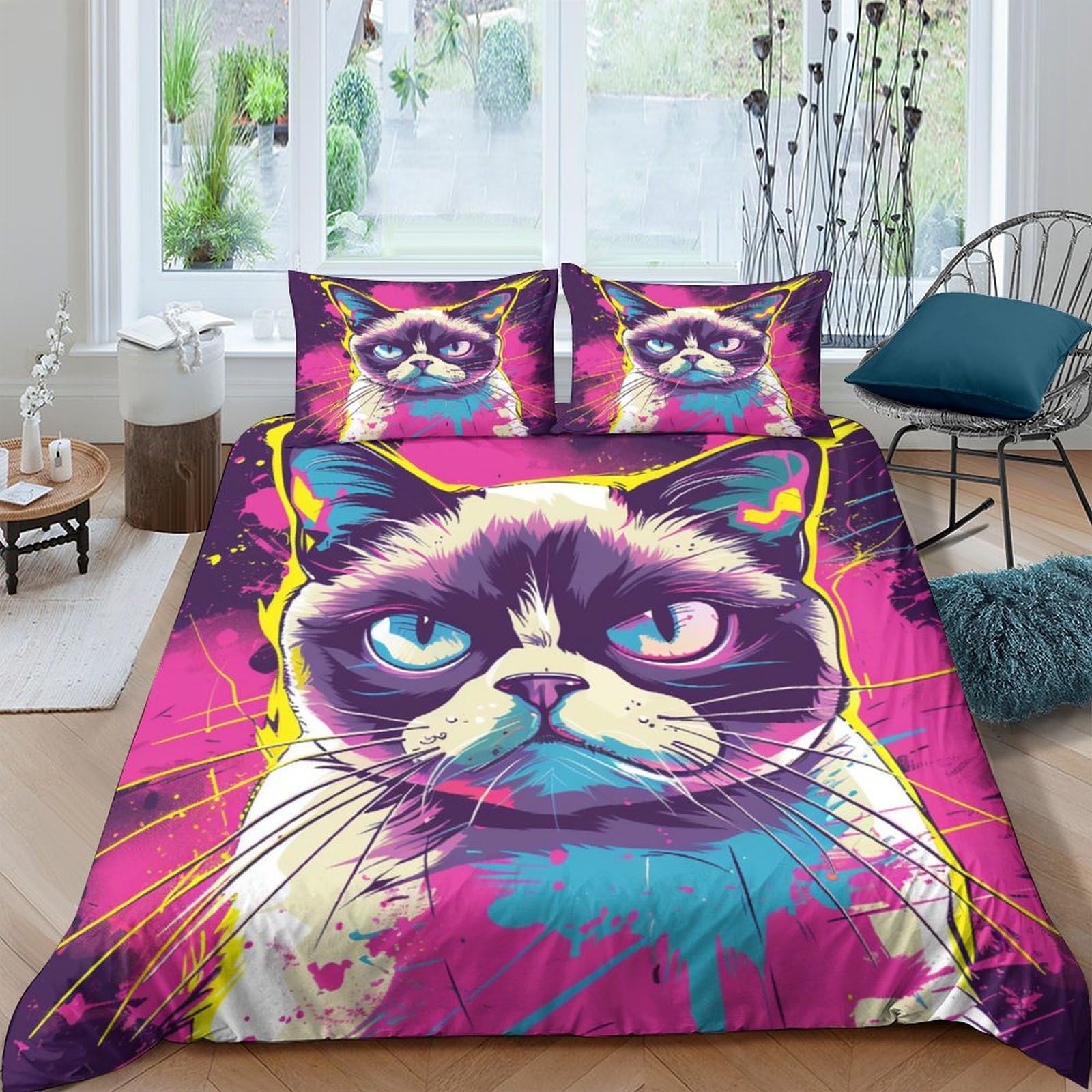 ENYISIYULO Grumpy Cat Duvet Cover Set 3 PCS Hotel Quality Quilt Cover Bed Sets Bed Covers with Pillowcases with Zipper Closure Breathable Stylish Comforter Double（200x200cm）
