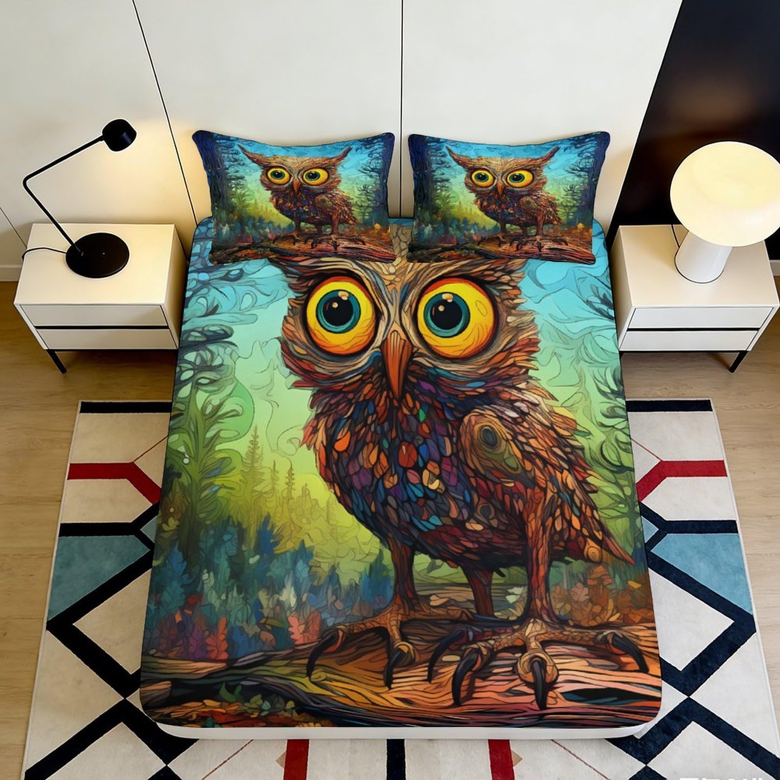 3D Printed Colorful Owl Fitted Sheet Microfiber Soft Breathable Forest Animal Bed Cover for Bedroom Dormitory Guest Room Mattress Protection Decor 120x200x25cm