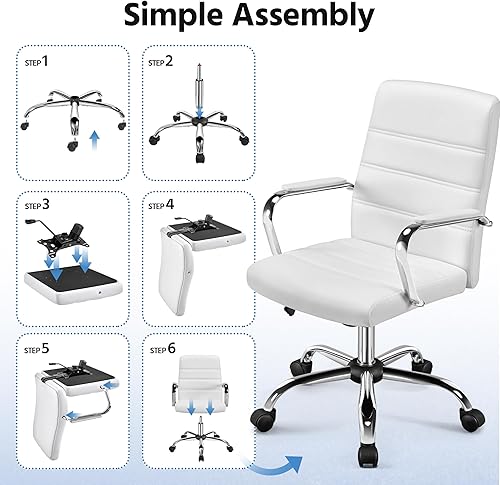 Miniatura 6 de Topeakmart Silla de oficina con respaldo medio Asiento Silla ejecutiva giratoria ajustable de cuero PU, color blanco