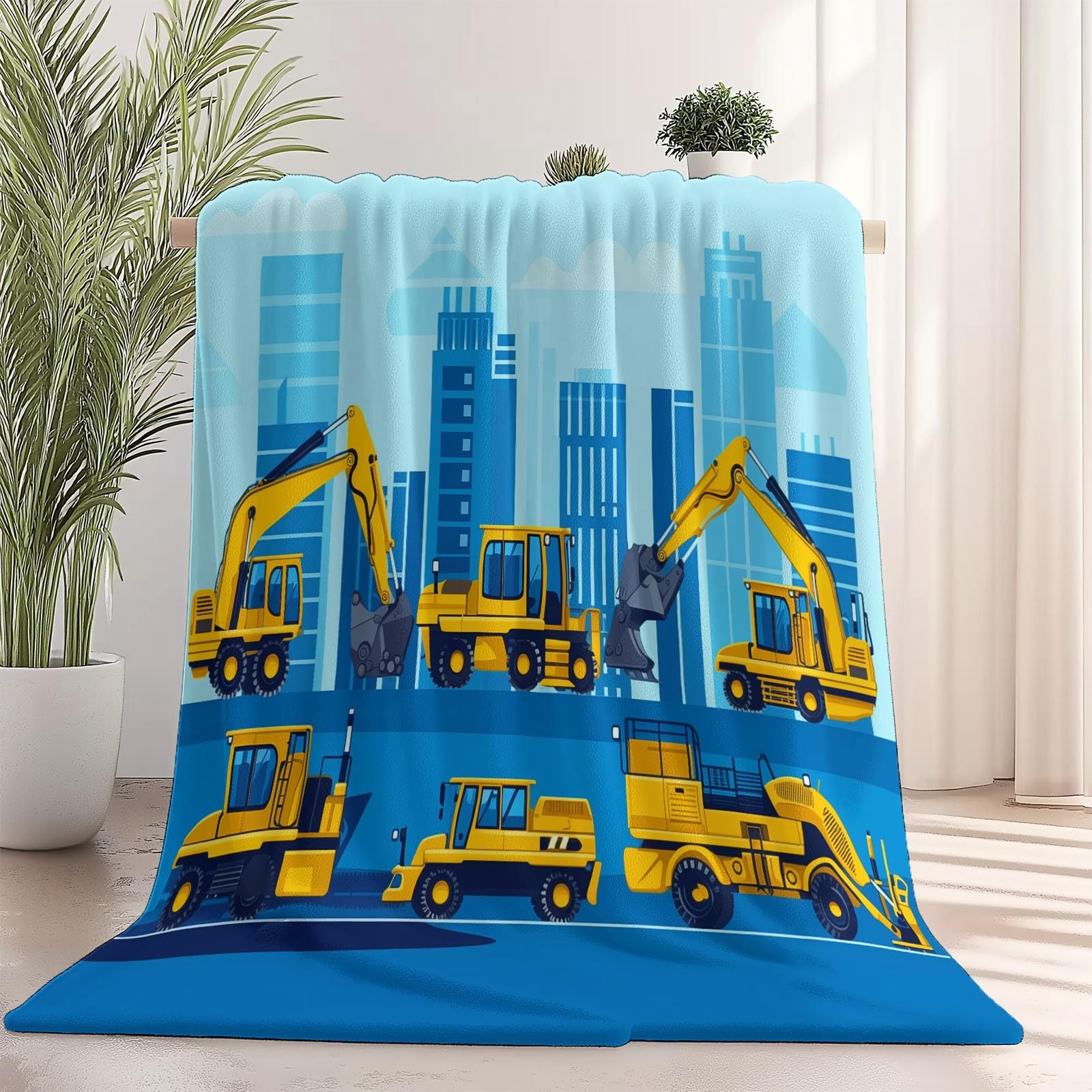 Koc polarowy 200 x 220 cm kreskówka pojazd budowlany koc polarowy jasnoniebieski flanelowy koc dla 2 osób, z nadrukiem, miękki i ciepły na sofę łóżko