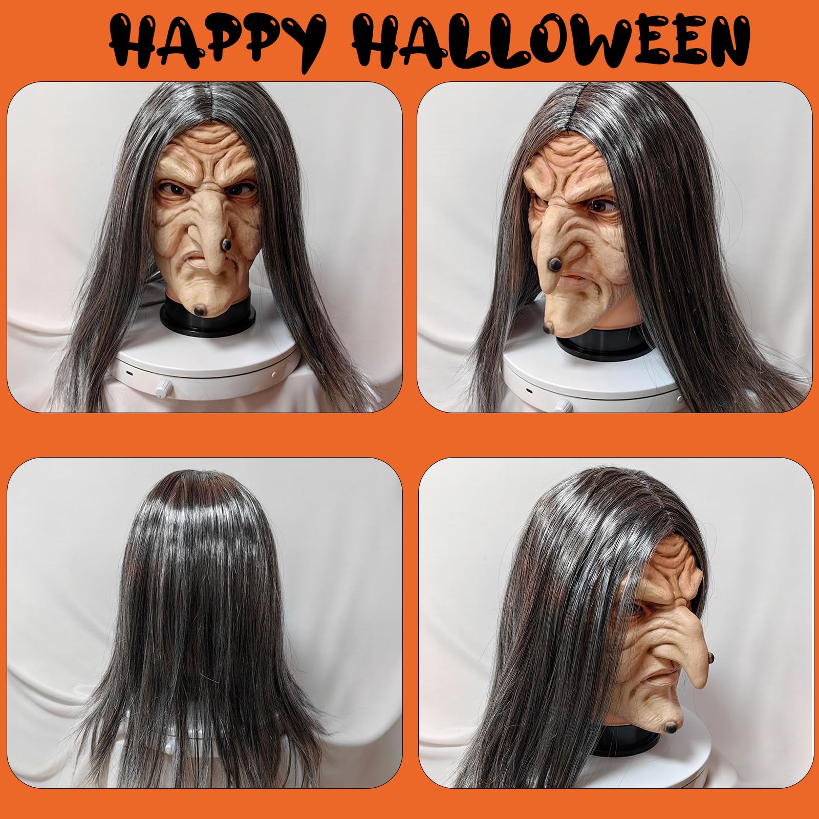 Aofonchy Old Witch Halloween Mask, Horror Latex With Hair, Scary Lady, Realistic Woman - Image 3