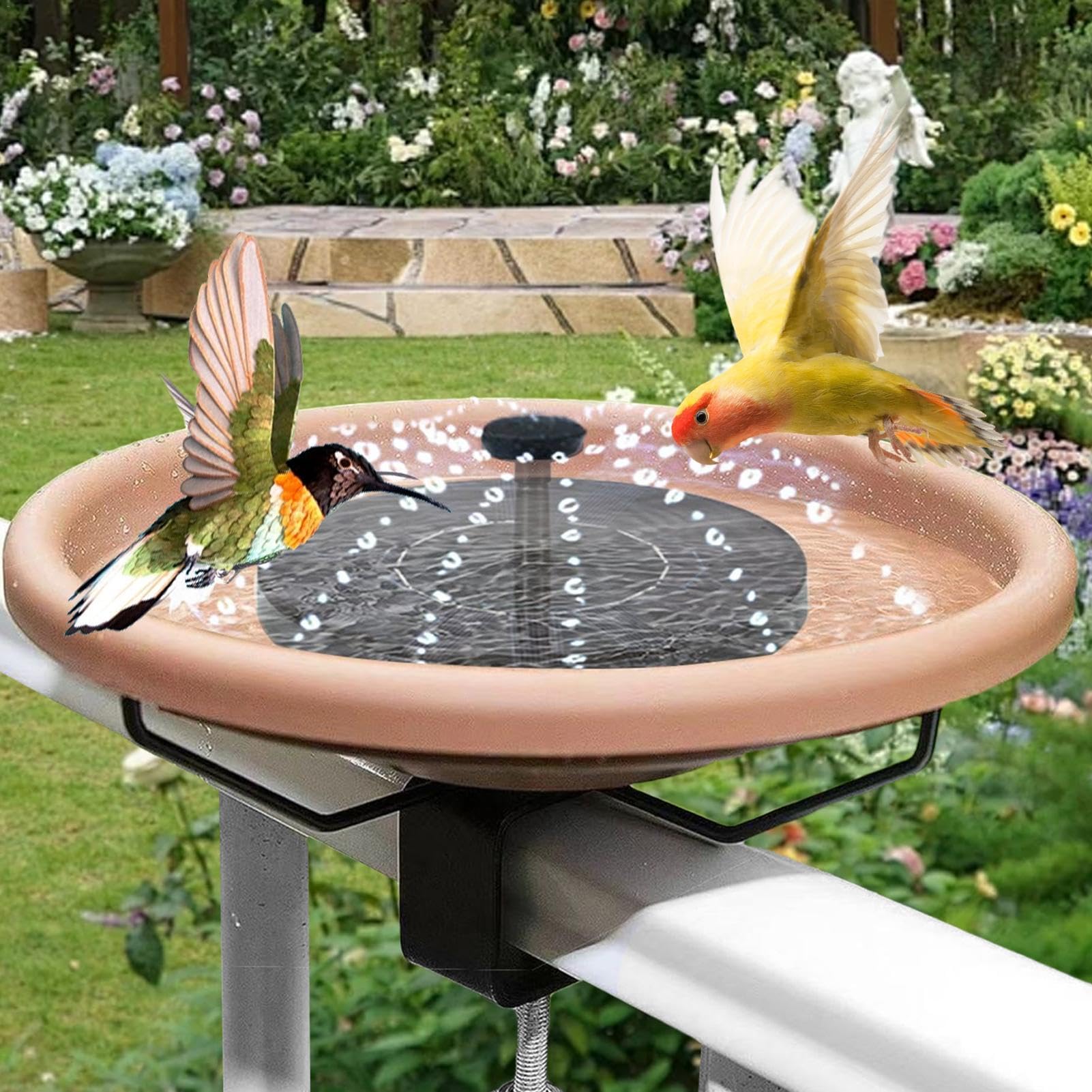 Bol de Bain pour Oiseaux monté sur Le Pont, Fontaine Solaire Amovible pour Bain d'oiseaux et Pince Robuste, mangeoire à Oiseaux montée sur Le Jardin pour Jardin, étang, Piscine, extérieur