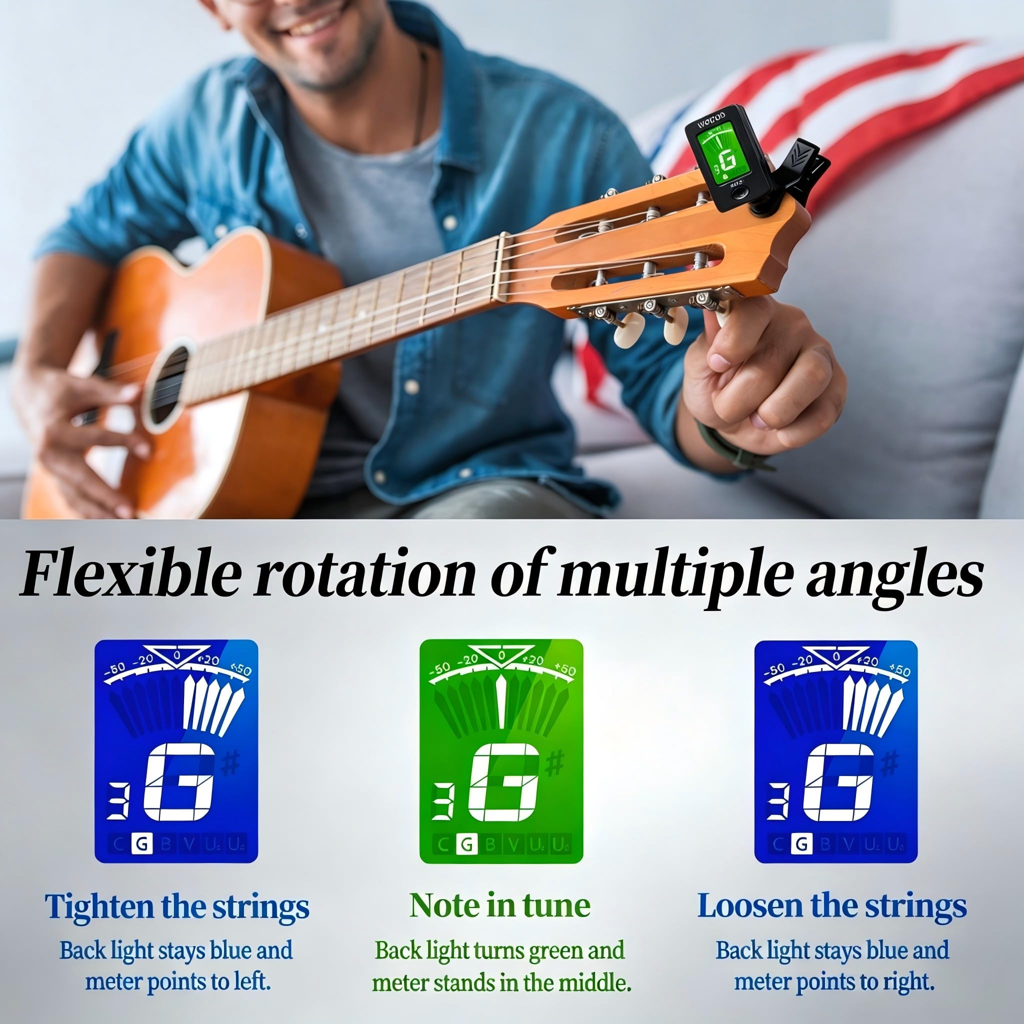 Afinador de guitarra con clip para ukelele y violín, afinador cromático para bajo, afinador de guitarra eléctrica y acústica