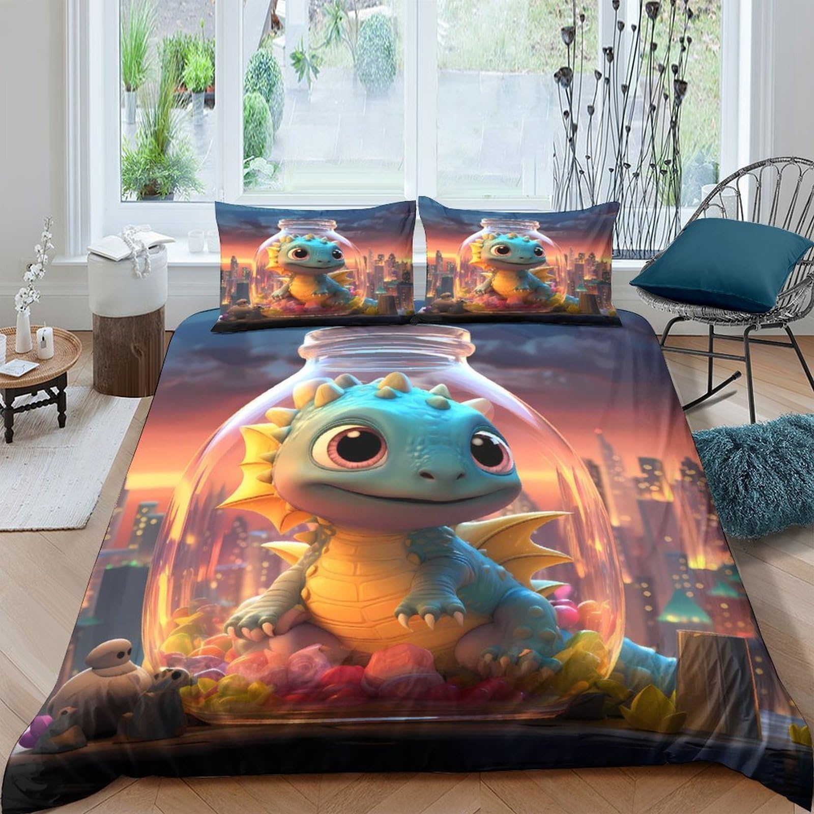GPLZQXKJNH 3D Printed Cute Fantasy Dragon Duvet Cover Microfiber Soft Breathable Sunset City Bedding Set with 2 Pillowcases for Bedroom Decor Single（135x200cm）