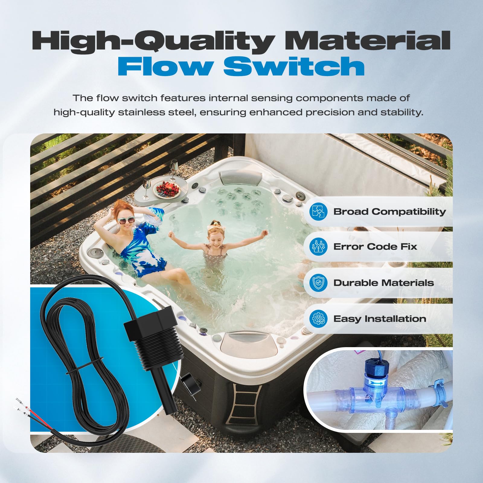 Interruttore di flusso per vasca idromassaggio Sundance & Jacuzzi Spa, ricambio per 6560-860, 6560-858, sensore di flusso completo di montaggio con T trasparente e spina a 2 pin