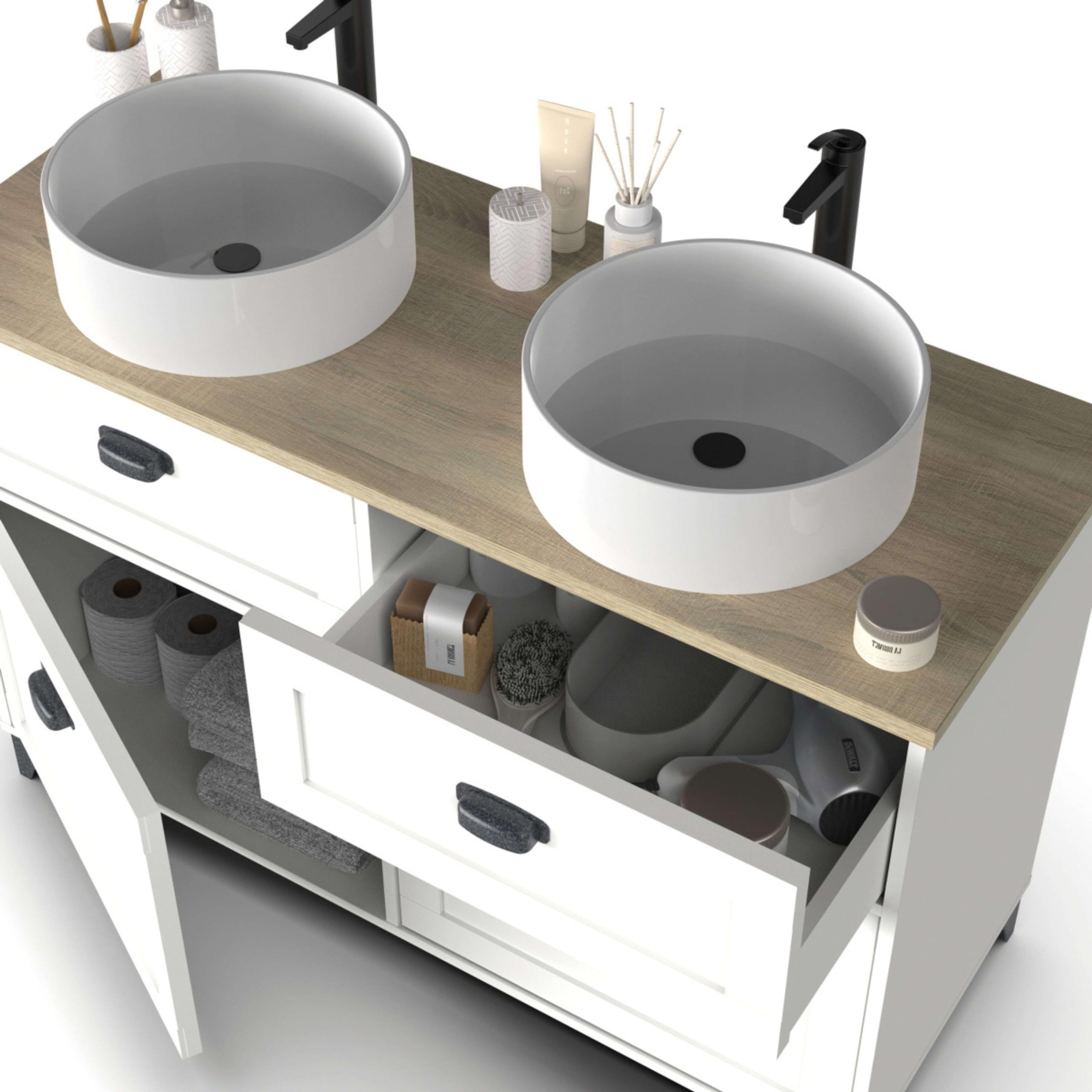 Muebles Pitarch | Mobile da bagno doppio, larghezza 120cm, con piedi, 2 cassetti a chiusura lenta, 2 porte, per lavabi da appoggio, Bianco e Rovere Cambrian, stile Vintage, modello Toscana
