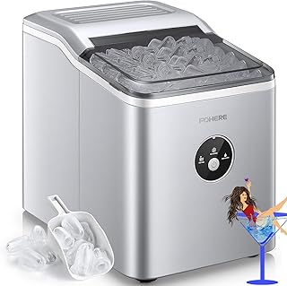 Ice Makers Machine Countertop, 9 Cubes Ready in 6 Mins, 28lbs in 24Hrs, LED Display with Ice Scoop and Basket, Portable Ice Cube Maker for Party, Office, Bar, RV, FOHERE (Silver)