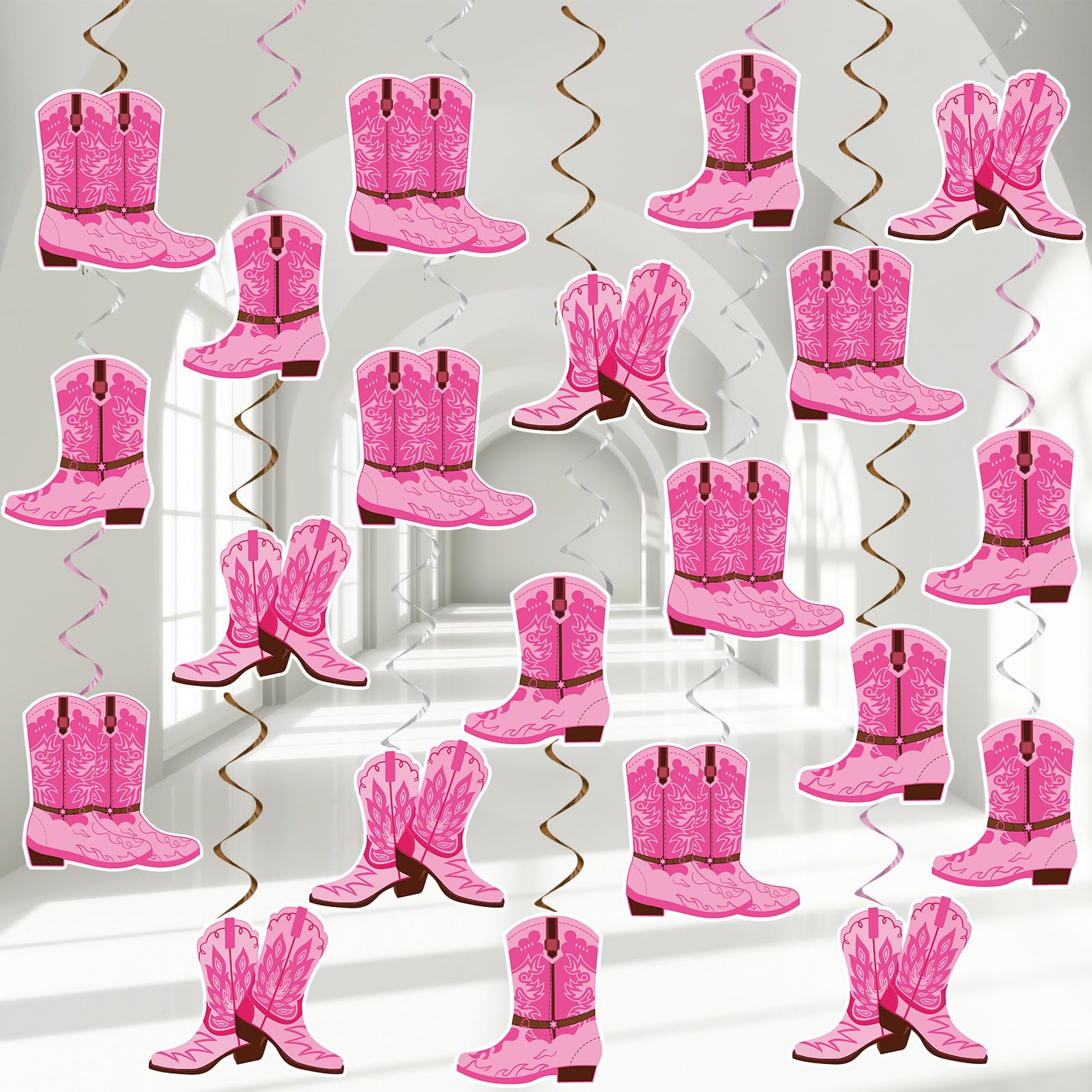 60Pcs Western Cowgirl Themed Party Hanging Swirls Pink Boot Hanging Swirls Decorations Western Cowgirl Boot Banner for Retro Baby Shower Cowboy