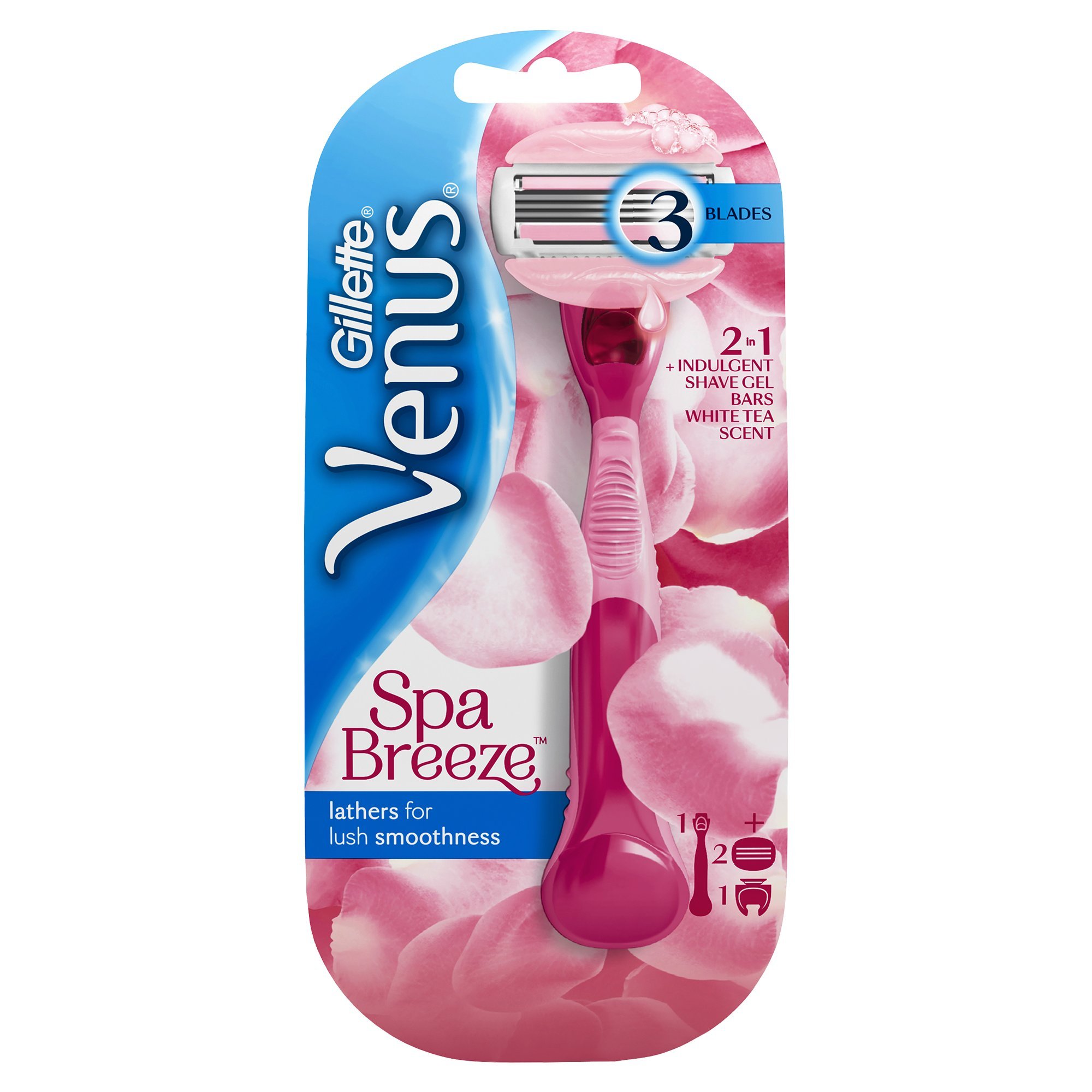 Gillette Venus ComfortGlide Spa Breeze, rasoio da donna, manico riutilizzabile, set di 2 ricariche a 3 lame, senza bisogno di gel da barba, 1 ricambio per 30 giorni di rasatura, progettato per corpo e