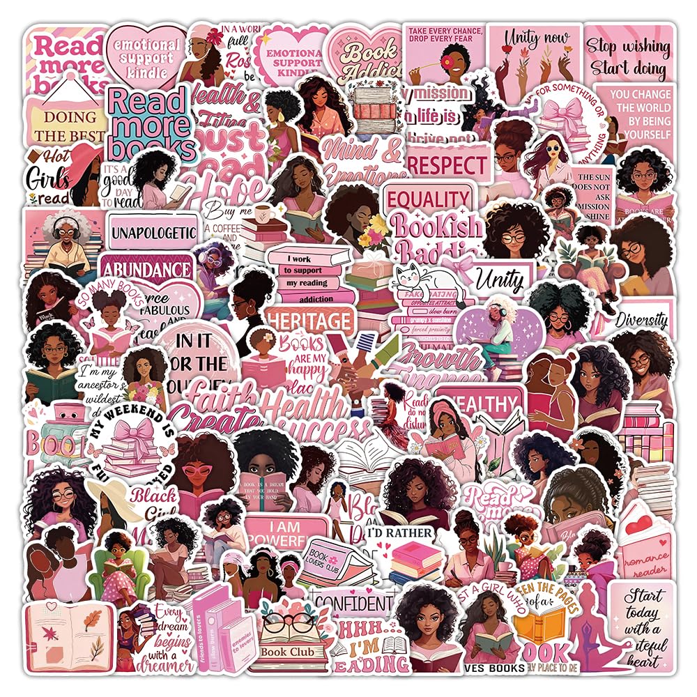 120PCS Black Girl Book Stickers for Kindle, Pink Vision Board Stickers Supplies for Women, Motivational Inspirational Quote Decals for Laptop Water