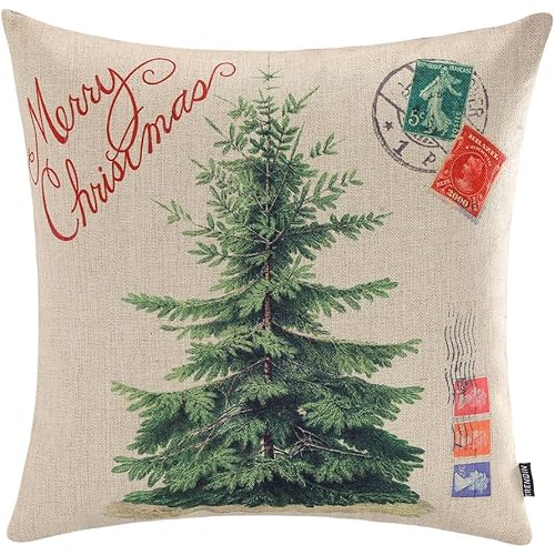 TRENDIN Merry Christmas Throw Pillow Cover Gifts Christmas Tree Xmas Home Decor Cotton Linen 18 x 18 Cushion Cover for Sofa PL072TR