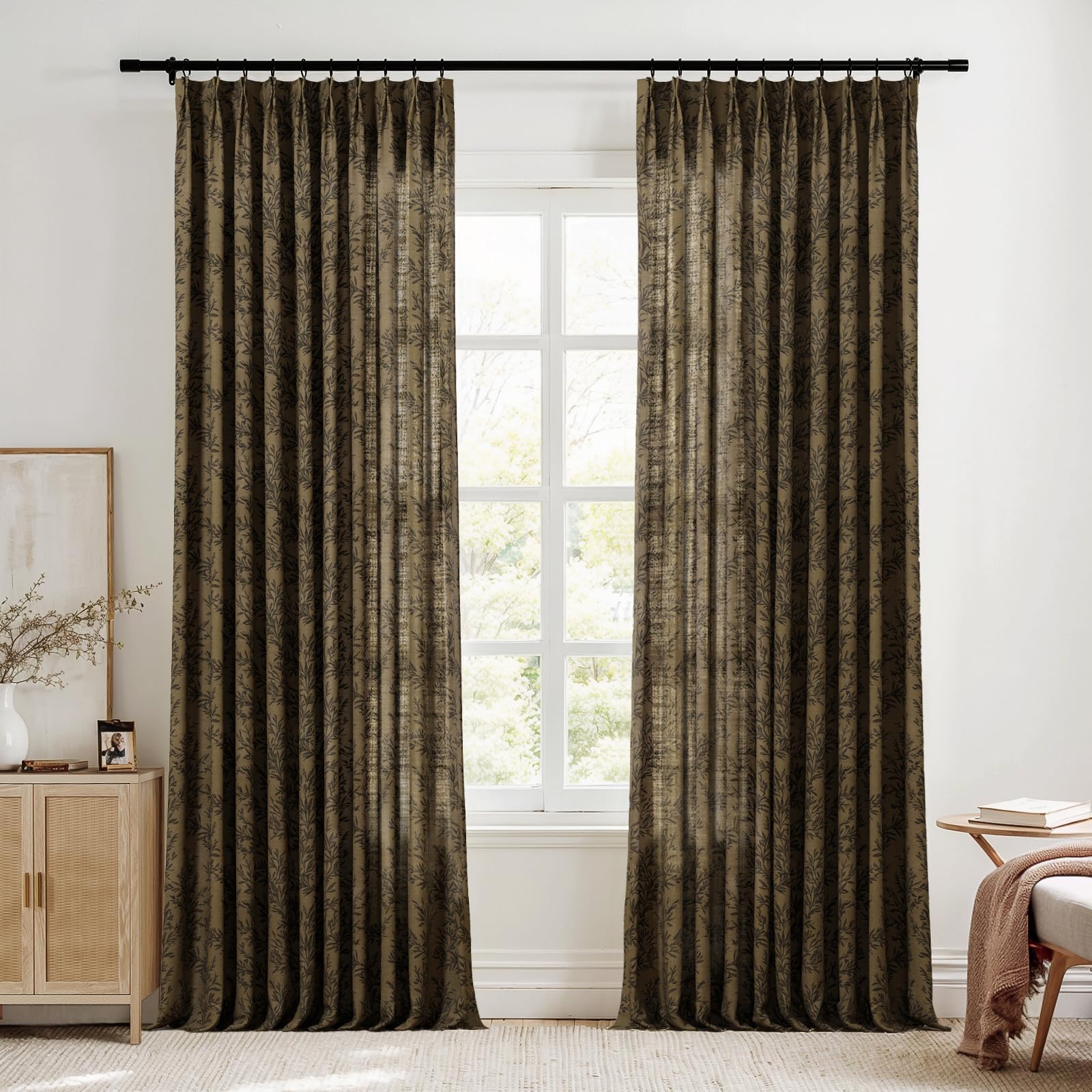 TWOPAGES Pinch Pleat Floral Curtain 90 Inch Long Light Filtering Privacy Drape Linen Textured Printed Curtain for Kitchen Bathroom (Bronze, 26W x 90L