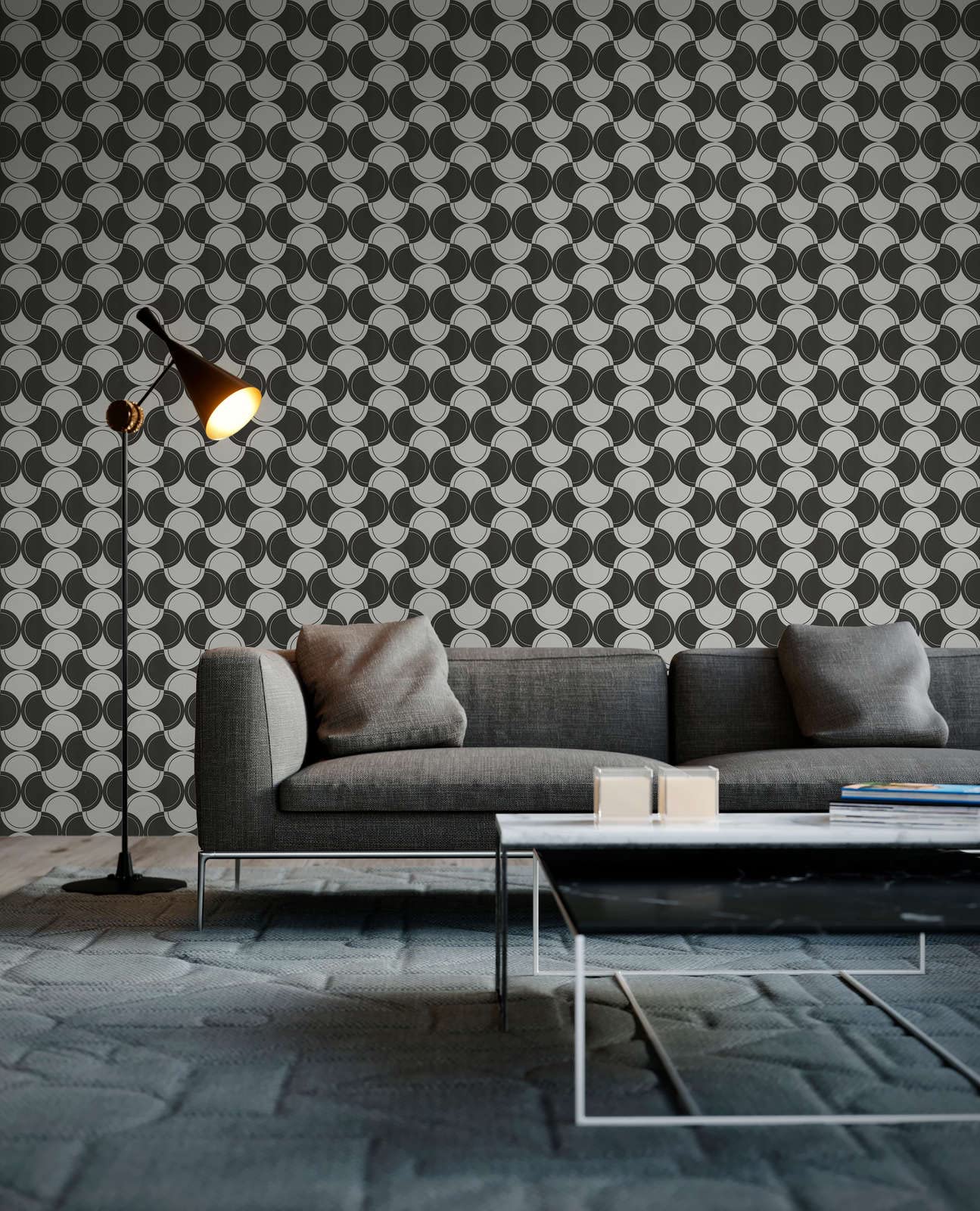 Tapeta w stylu retro w stylu lat 70., tapeta na fizelinie czarno-biała, geometryczny wzór koła | 10,05 x 0,53 m