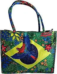 Bolsa Praia Passeio Tropical, Bandeira Verde e Amarelo Tecido Resistente, Design Floral com Alças, Padrão Fauná Flora Brasileira