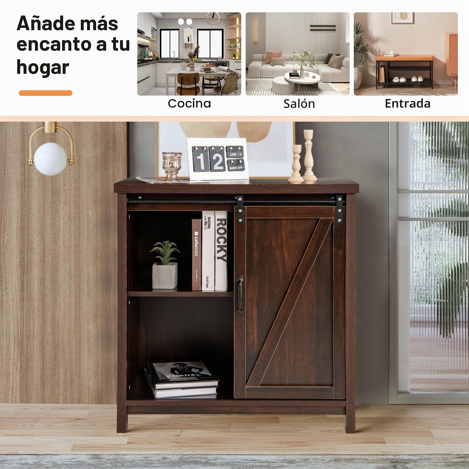 KOMFOTTEU Armario Buffet con 4 Compartimentos, Aparador de Cocina con Puerta Corredera de Granero, Mueble de Almacenamiento para Comedor, Salón, Pasillo, 80 x 40 x 82 cm, Marrón