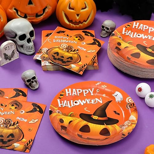 Miniatura 4 de 100 piezas de suministros para fiesta de Halloween, platos desechables, servilletas, cena, almuerzo, postre para decoración de fiesta de cumpleaños,