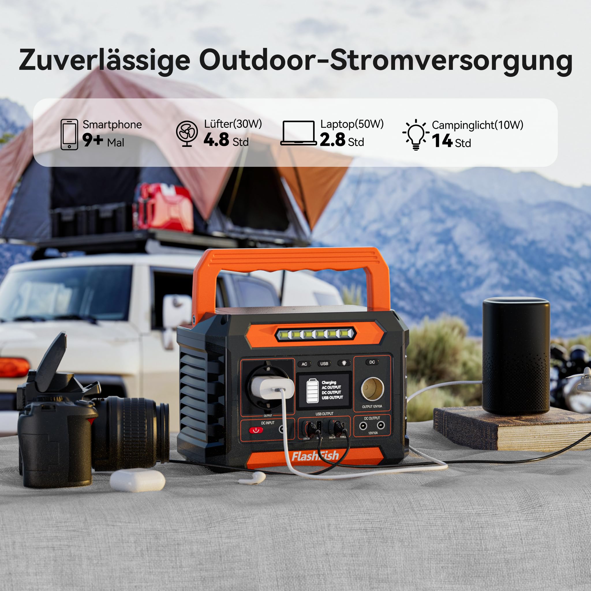 FlashFish P66A Tragbare Powerstation 144.3Wh, 200W Solar Generator mit 230V AC/DC/USB/Typ C/LED-Lichter, Stromgenerator Akku für Camping, Reise, Unterwegs, Notstrom