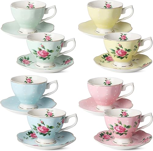 BTAT - Juego de 8 tazas de té y platillos florales (8 onzas), juegos de tazas de té de porcelana, colores surtidos con ribete dorado y caja de