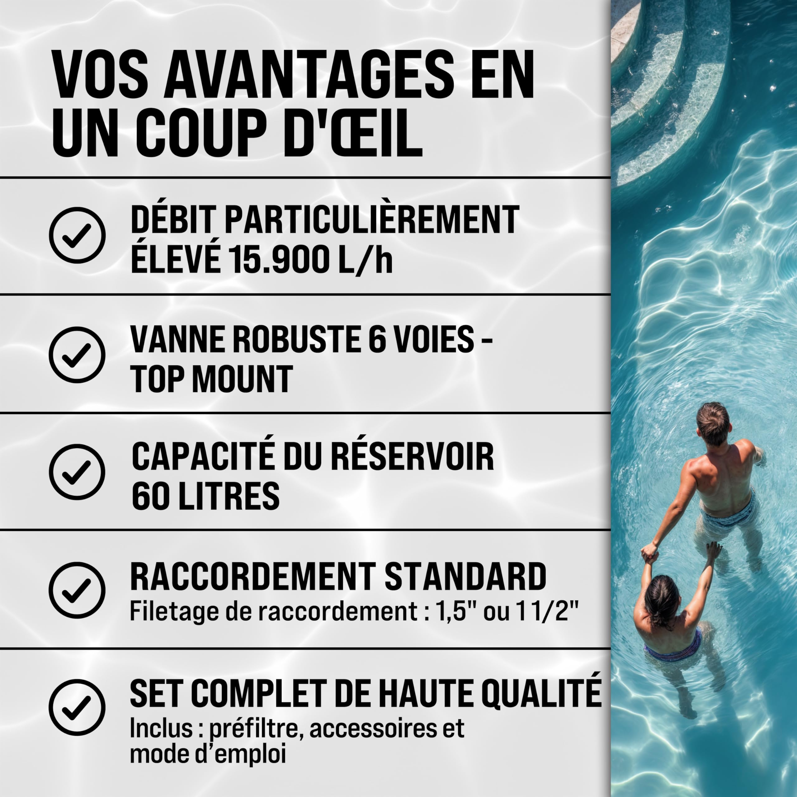 MONZANA® Pompe filtre à sable 15,9 m³ auto-amorçante pour piscines jusqu'à 70 m³ certifié TÜV vanne 7 voies raccord 2en1 Ø32-38mm système de filtration à sable