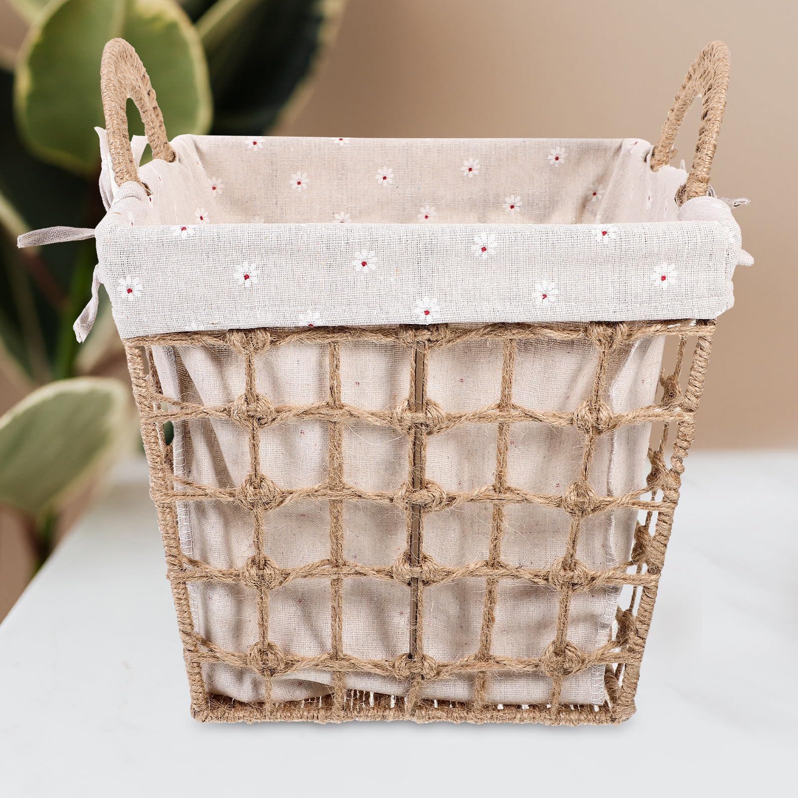 Cesta Tejida para Almacenamiento Doble Asa de Cuerda, Revestimiento de Tela y Tamaño Pequeño, Organizador Multiusos para Oficina, Cocina y Hogar