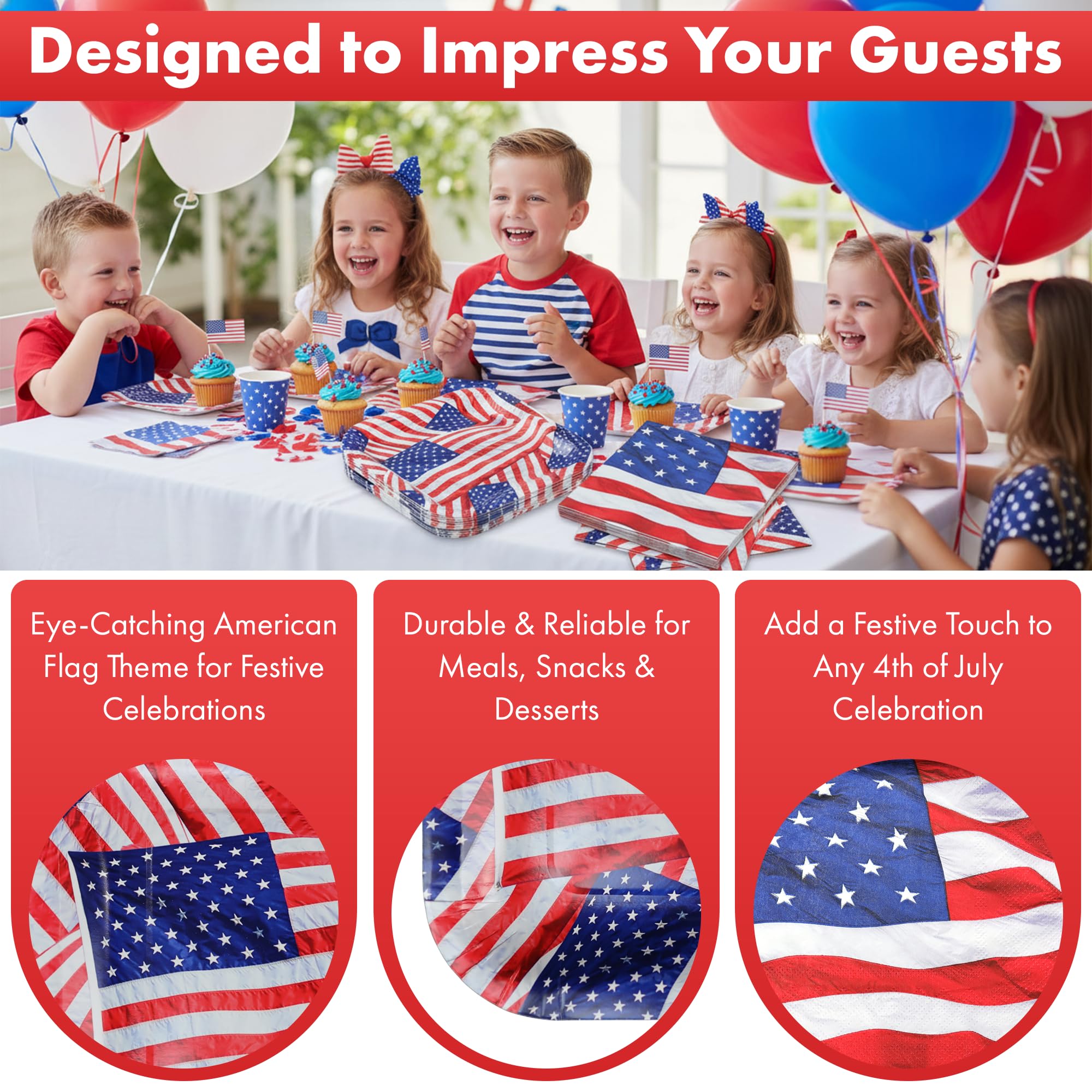 Iconikal Paquete de cena desechable, 40 platos y 60 servilletas, juego de bandera patriótica de Estados Unidos