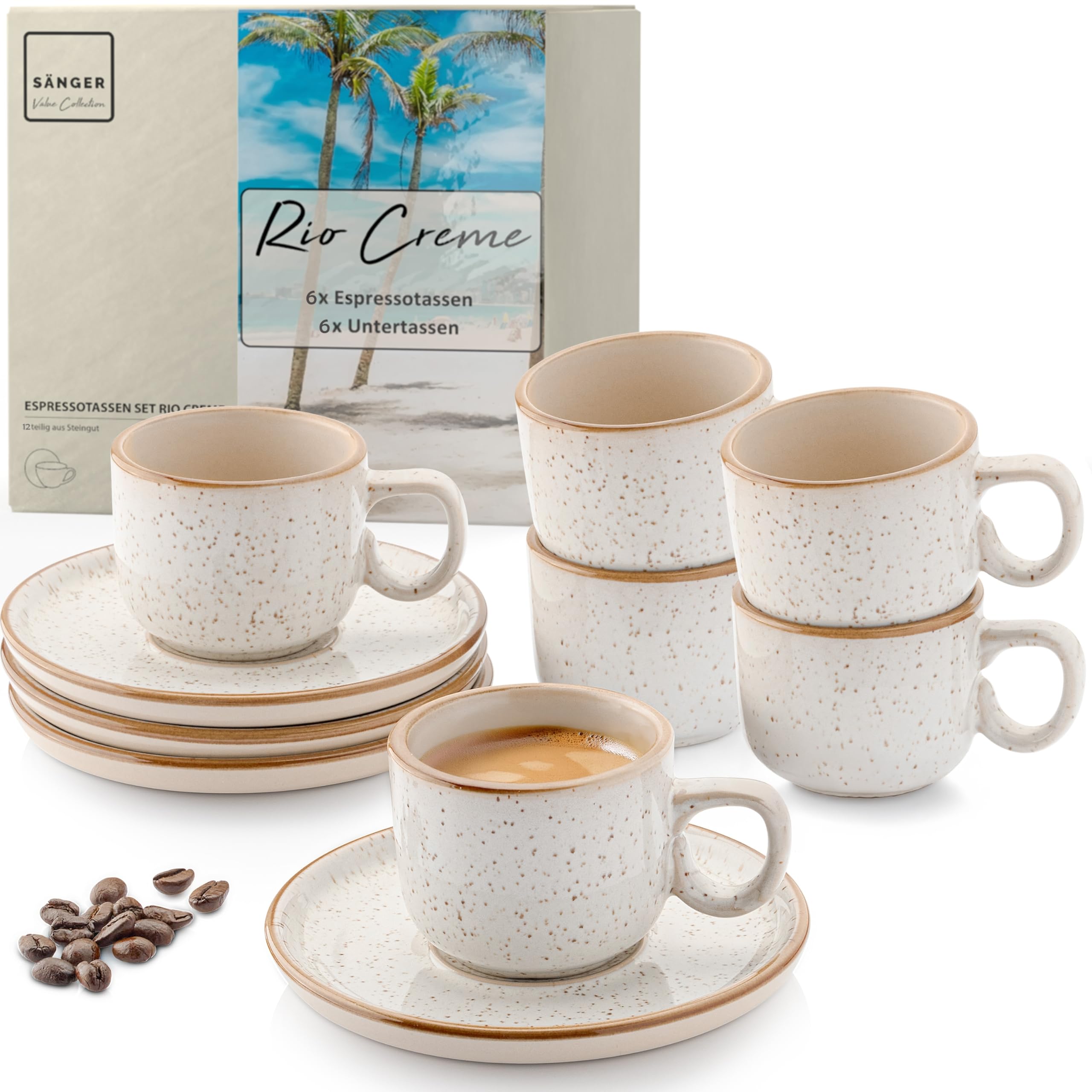SÄNGER Rio Creme | Espressotassen Set 12 teilig, Tassen Set 6 Personen, Espresso- & Mokkatassen, kratz- spülmaschinen- mikrowellenfest, 6xTassen & 6xUntertassen cremefarben 80 ml | VALUE COLLECTION