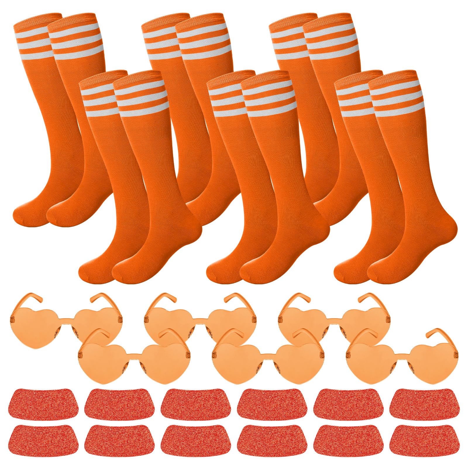 Tarpop 18 Pcs Women Knee High Socks Set 6 Soccer Socks 6 Eye Black Stickers 6 Sunglasses for Sport Spirit Event Wear