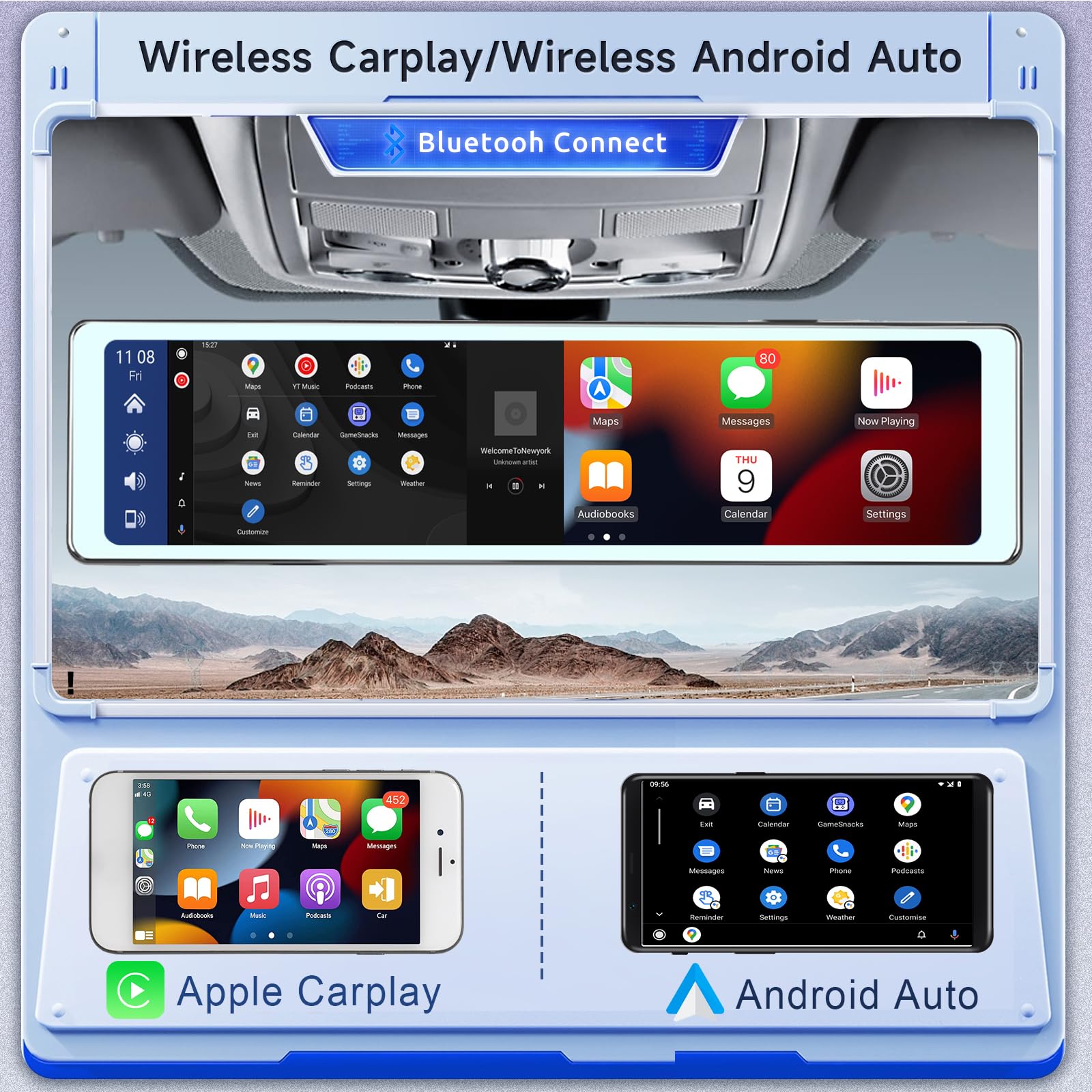 Rétroviseur Dashcam sans Fil Apple Carplay Android Auto 11.26 Pouces Écran Tactile Mirror Dashcam avec Caméra Frontale Caméra de Recul Bluetooth/Commande Vocale/Émetteur FM/Aide au Stationnement