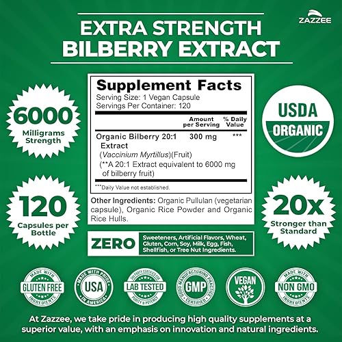 Miniatura 2 de Zazzee USDA Extracto de arándano orgánico 201, 6000 mg de fuerza, 120 cápsulas veganas, suministro para 4 meses, extracto estandarizado y