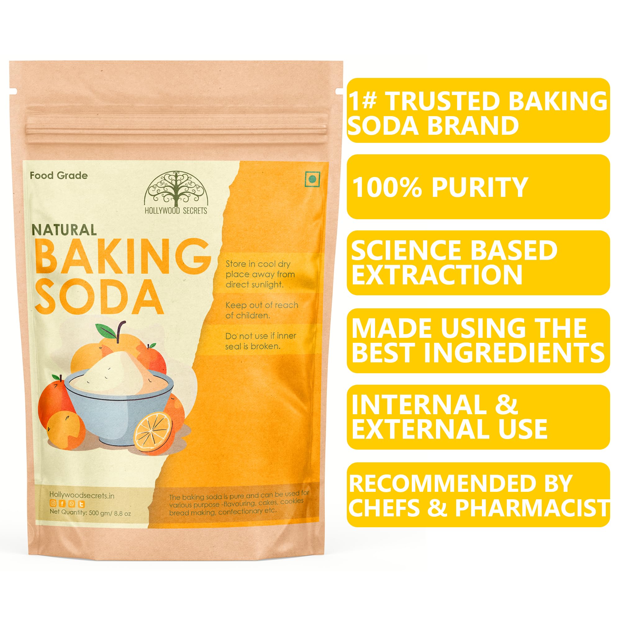 Hollywood Secrets Baking Soda Pure Food Grade Sodium Bicarbonate 500gm for Baking & Cleaning 4