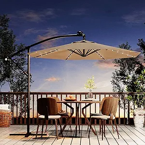 Garvee 10ft Solar Lights Offset Patio Umbrella, Cantilever Umbrella with Easy Lift & Tilt Adjustment, 8 Ribs Sun umbrella UV Protection for Backyard, Pool, Garden - Tan