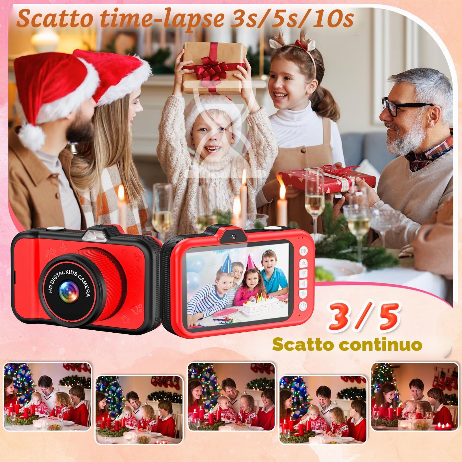 Macchina Fotografica Bambini, Ushining 3,5 Pollici Grande Schermo Fotocamera Digitale Bambini con 360° Obiettivo Zoom Rotante LED Flash 32GB TF Scheda, 1080P Videocamera, Regalo per 3-12 Anni
