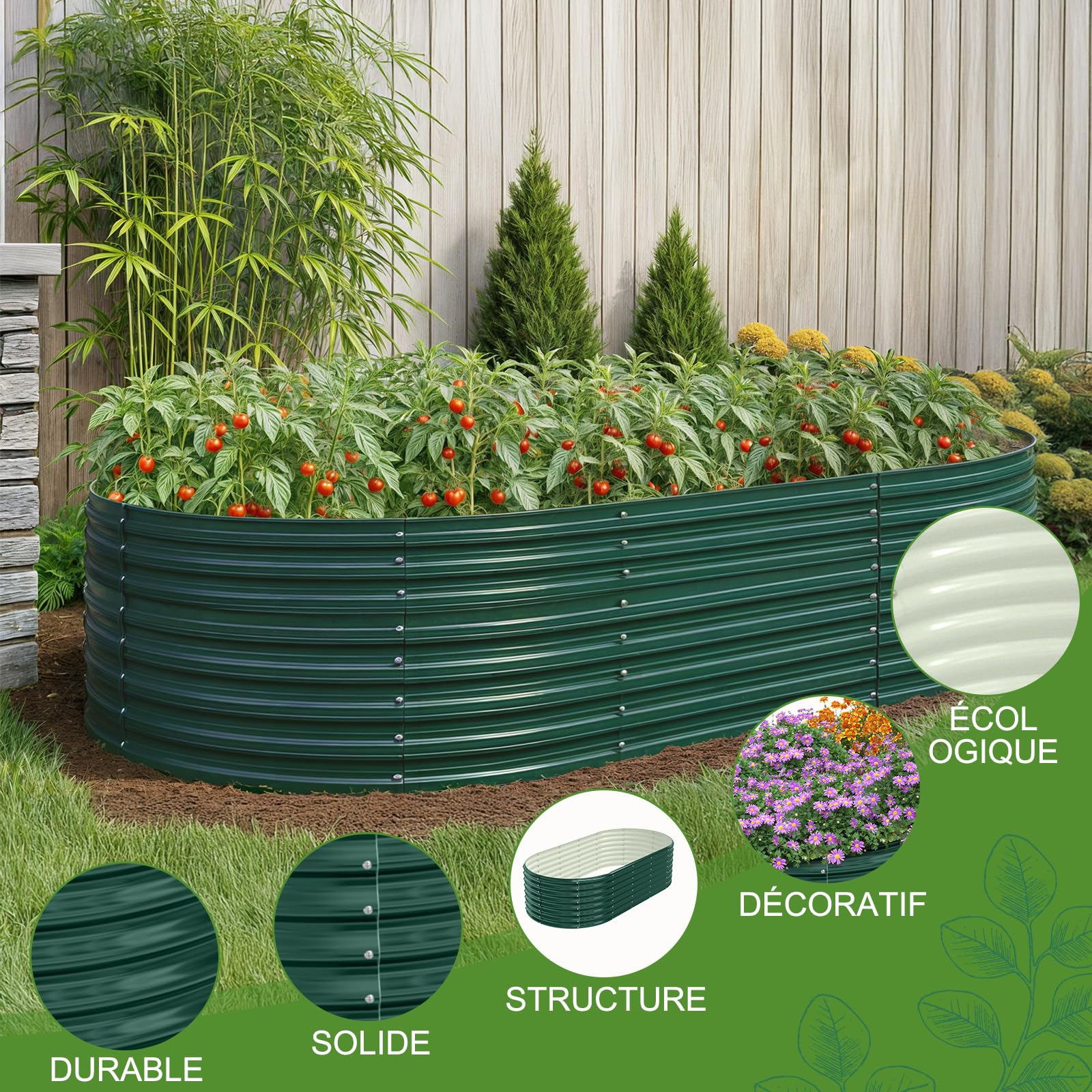 LEADZM Potager surélevé en métal 240x120x60 cm - Ensemble galvanisé avec Base Ouverte, Très Grande Surface de Plantation Carre Potager - pour légumes, Herbes, Fleurs - Vert foncé