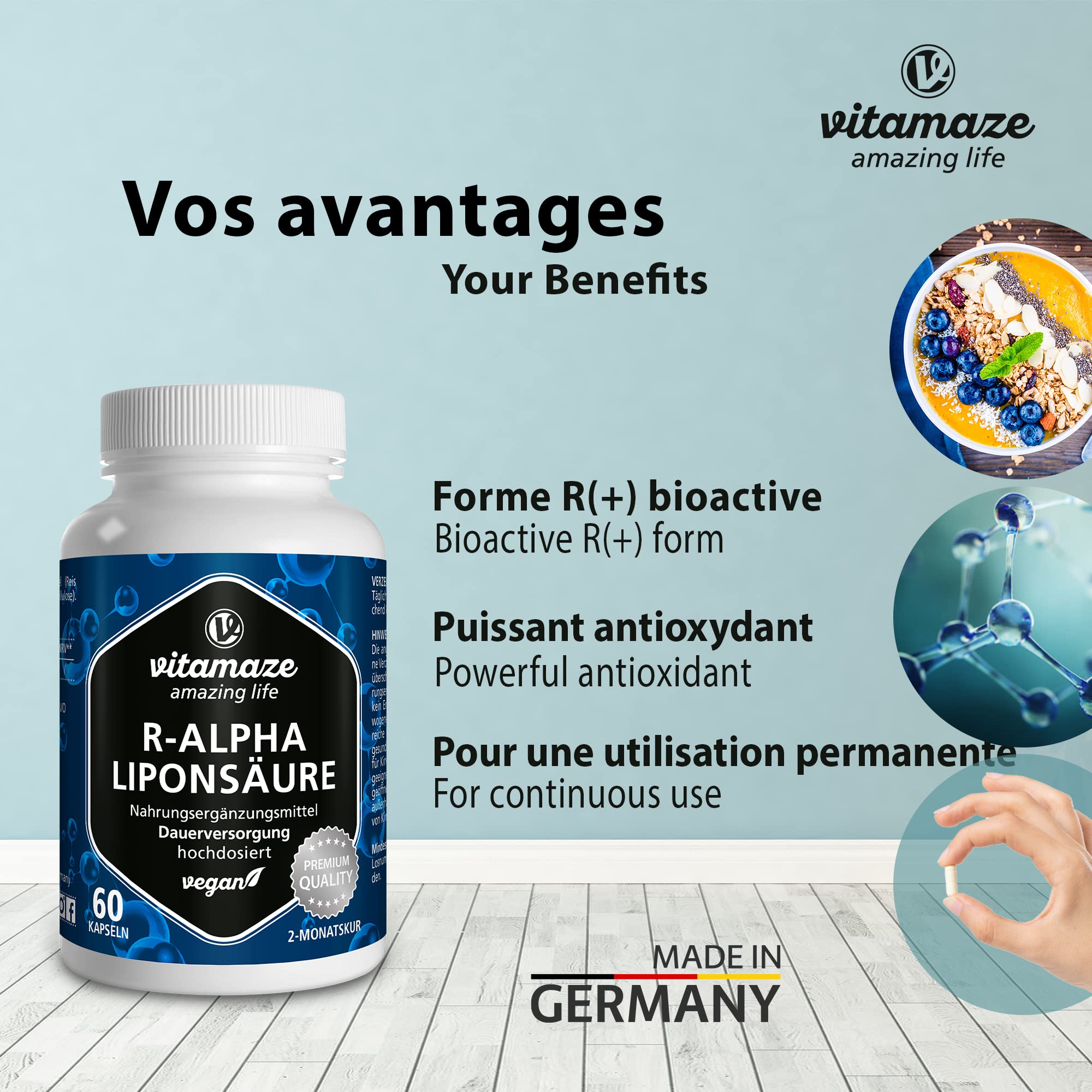 Acide Alpha-Lipoïque à Haute Dose, 200 mg par Capsule, Vegan, 60 Gelules pour 2 Mois, Forme Naturelle D'Acide Thioctique, Complément Alimentaire sans Additifs Inutiles