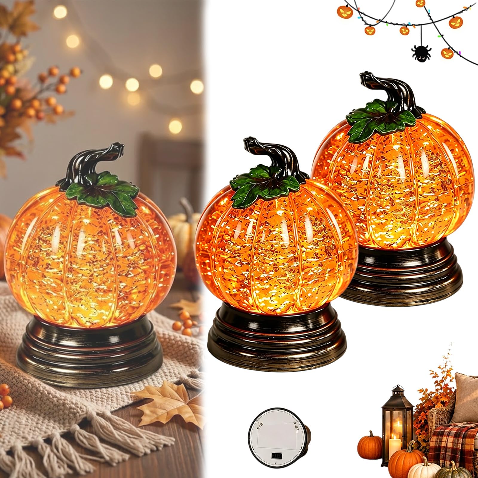 Globo neve zucca illuminato glitterato, simpatico globo neve autunnale | Centrotavola autunnale Halloween con calda luce LED arancione, decorazione caminetto Ringraziamento for casa, tavoli(2pcs)