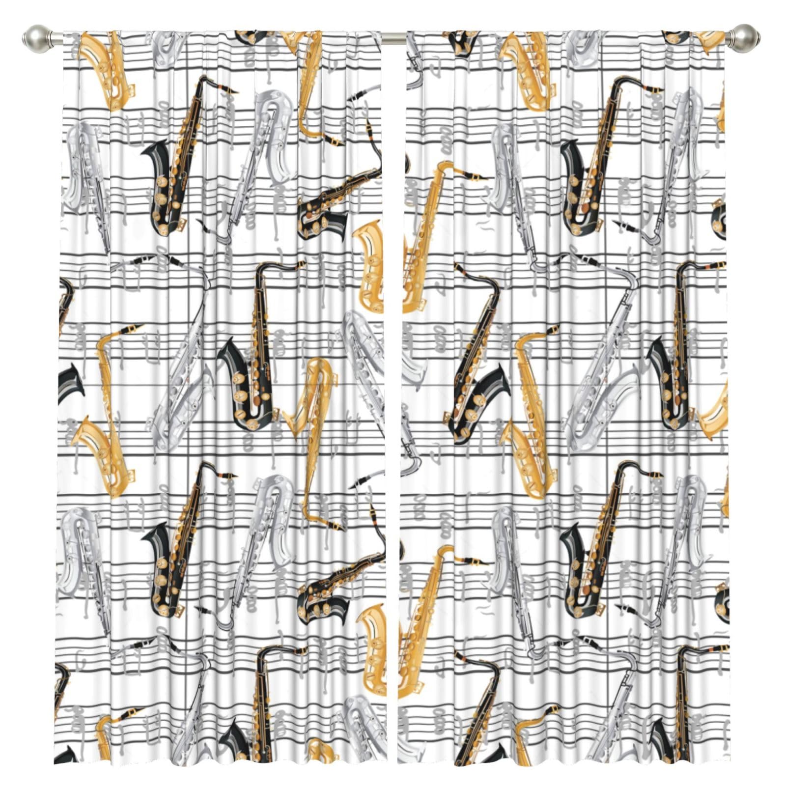InOmak Music Notes Saxophones, 2 Panels Window Curtains 52 x 84 Inch Blackout Curtains for Living Room Bedroom