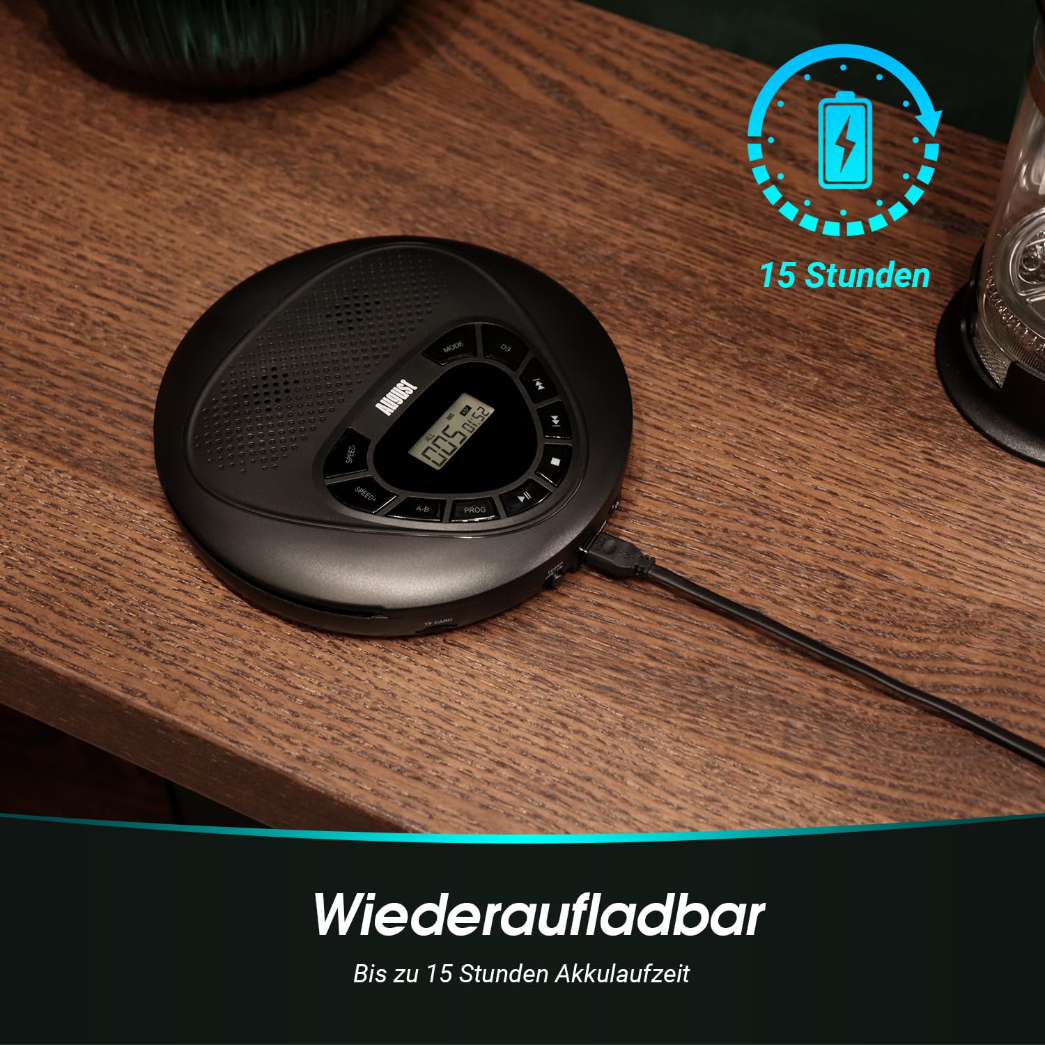 August SE10 Wiederaufladbarer tragbarer CD Player mit Kopfhörer - Discman USB-C mit Lautsprecher Überspring (Anti-Skip) Schutz MP3 CD Player mit Wiederholung/EQ/PROG/Micro SD/EQ für Erwachsene Kinder