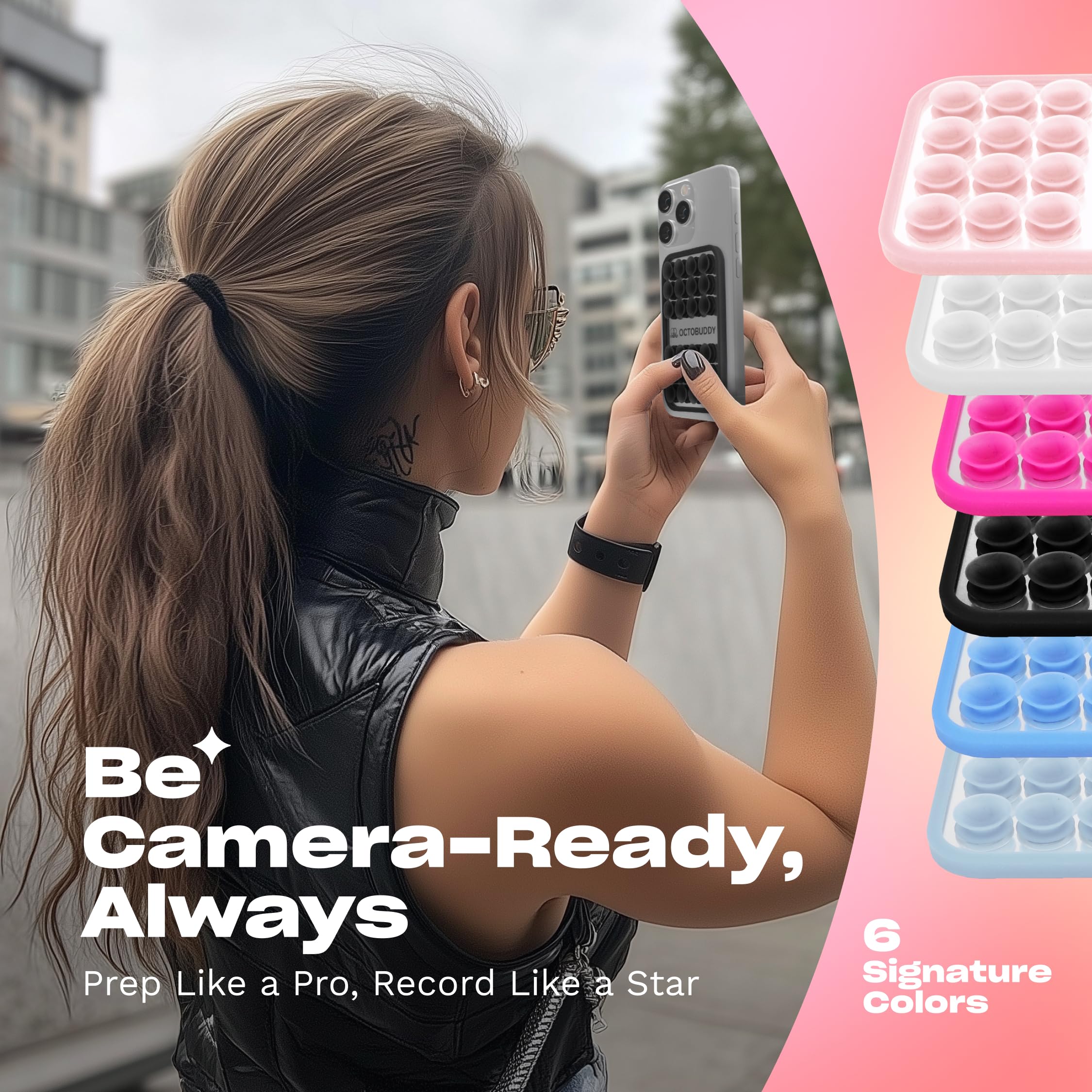 OCTOBUDDY Mirror - Il GOAT Delle Ventose per Telefono - Supporto Cellulare in Silicone con Specchio Integrato - Selfie e Video Senza Mani - Accessorio per Content Creator - 66 x 99 mm, Azzurro Chiaro
