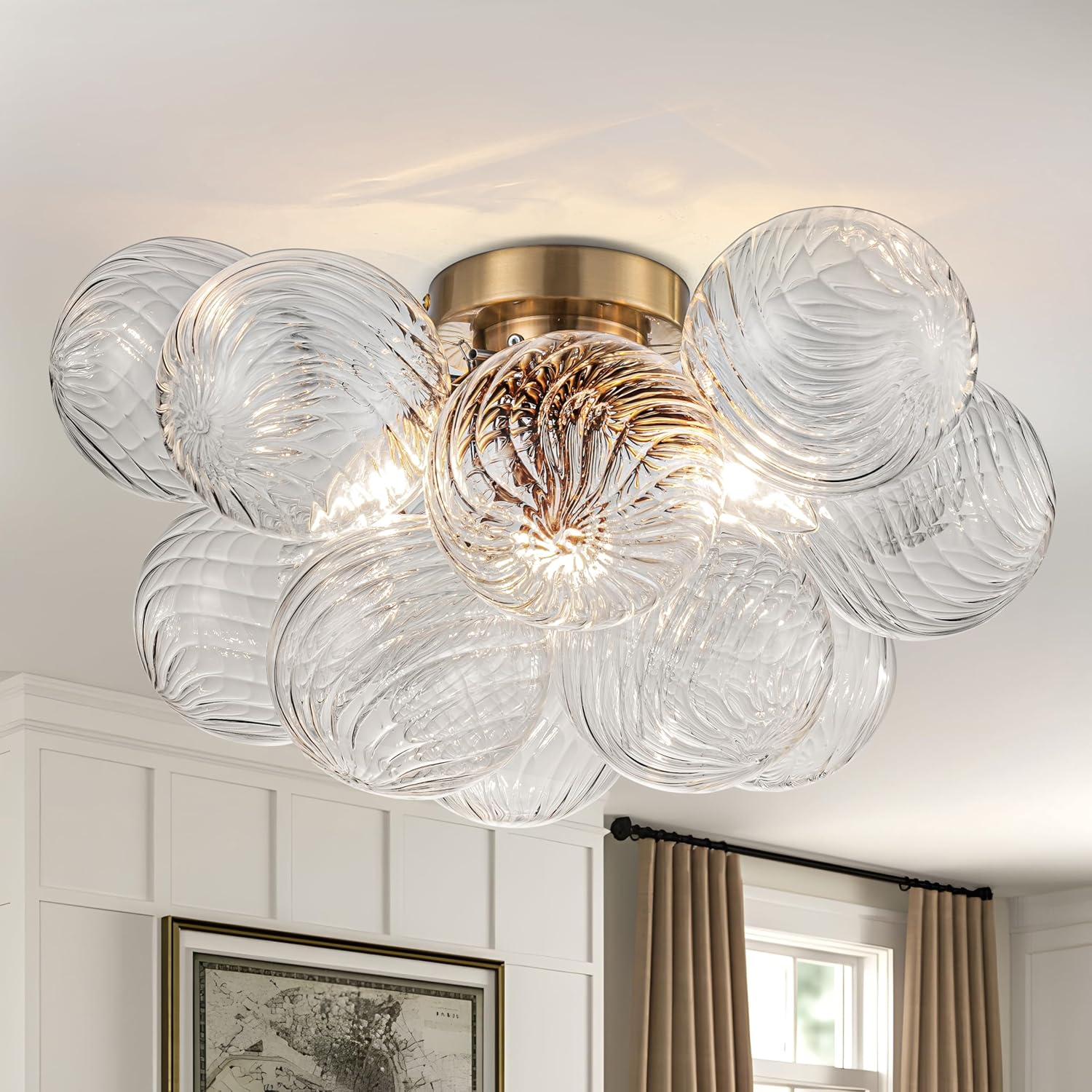 GoYeel Semi Flush Chandelier Gold, Modern Light Fixtures Ceiling Mount Lighting Pendant 3 Light Dining Chandeliers Over Table Glass 18.5" 13 Clear Swirled Globe for Foyer Bedroom Kitchen Gold 18.5 Swirled
