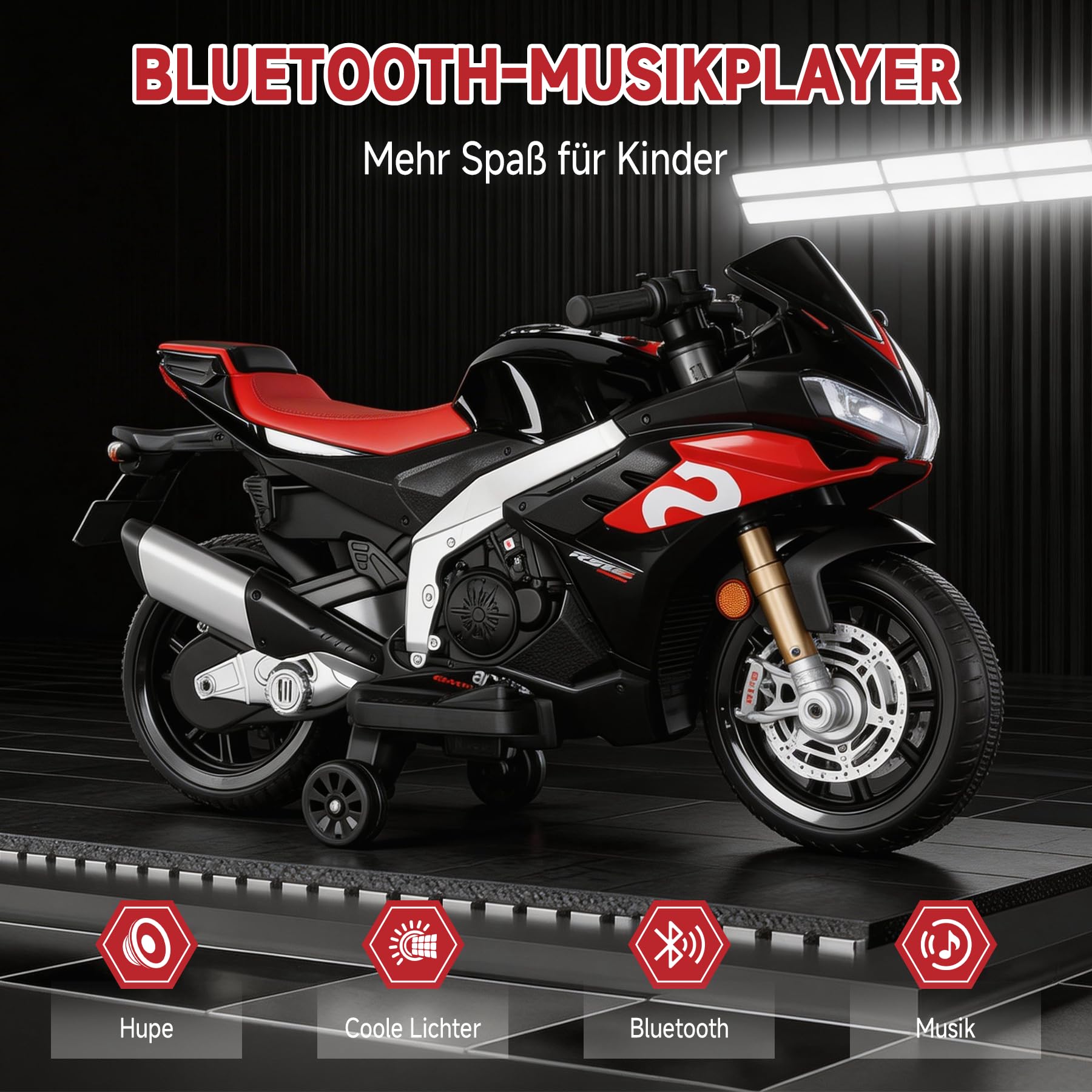 Kinder Motorrad Elektrisch mit 12V Akku, Kinder Motorrad Led Licht, Elektro Motorrad Kinder Bluetooth, USB, Fernbedienung, 3–8 km/h, bis zu 45 Min, Schwarz