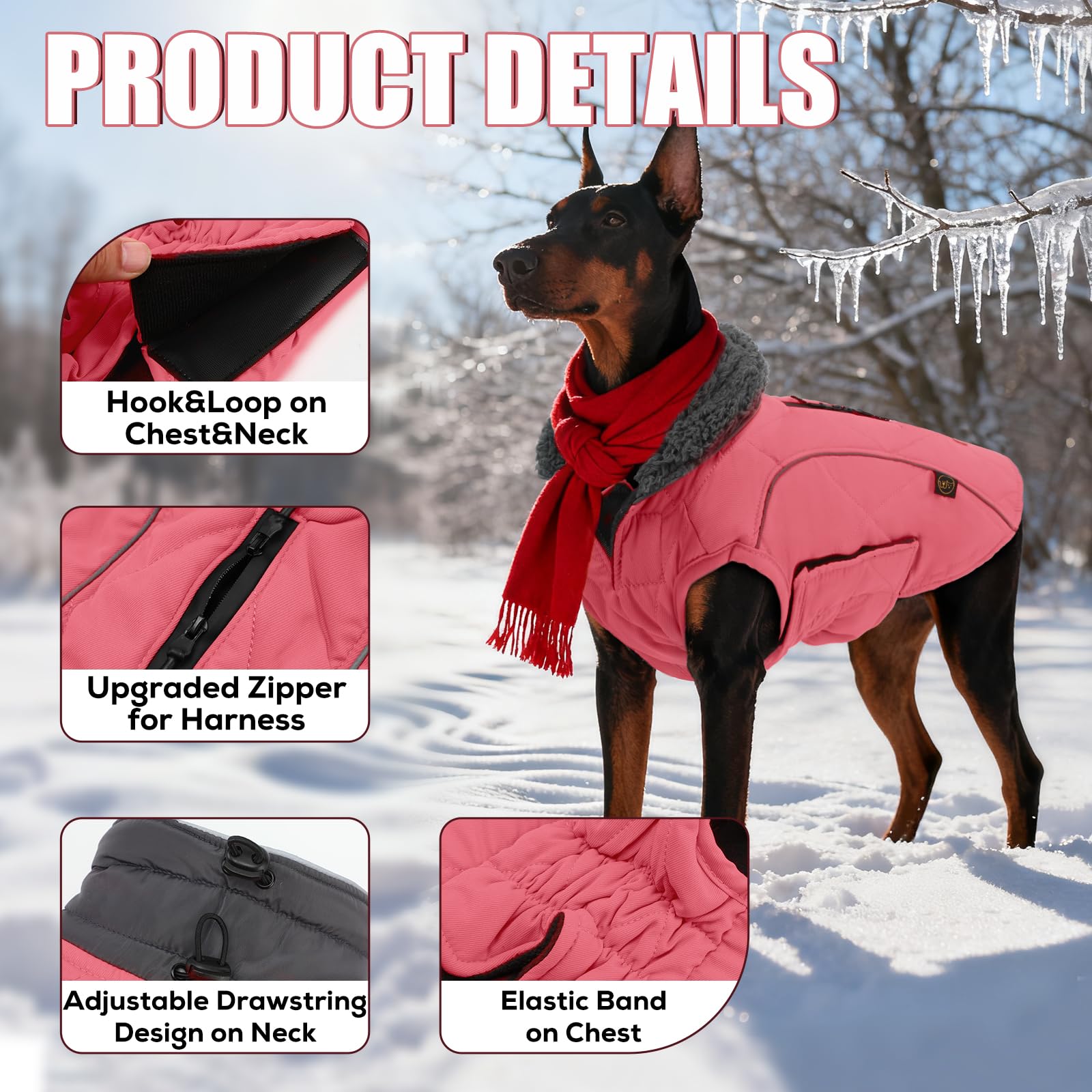 EMUST Gilet per cani per l'inverno, foderato in pile, per il freddo, caldo, per cani di taglia piccola, media e grande, abbigliamento per cani per il freddo, rosa, XXXL