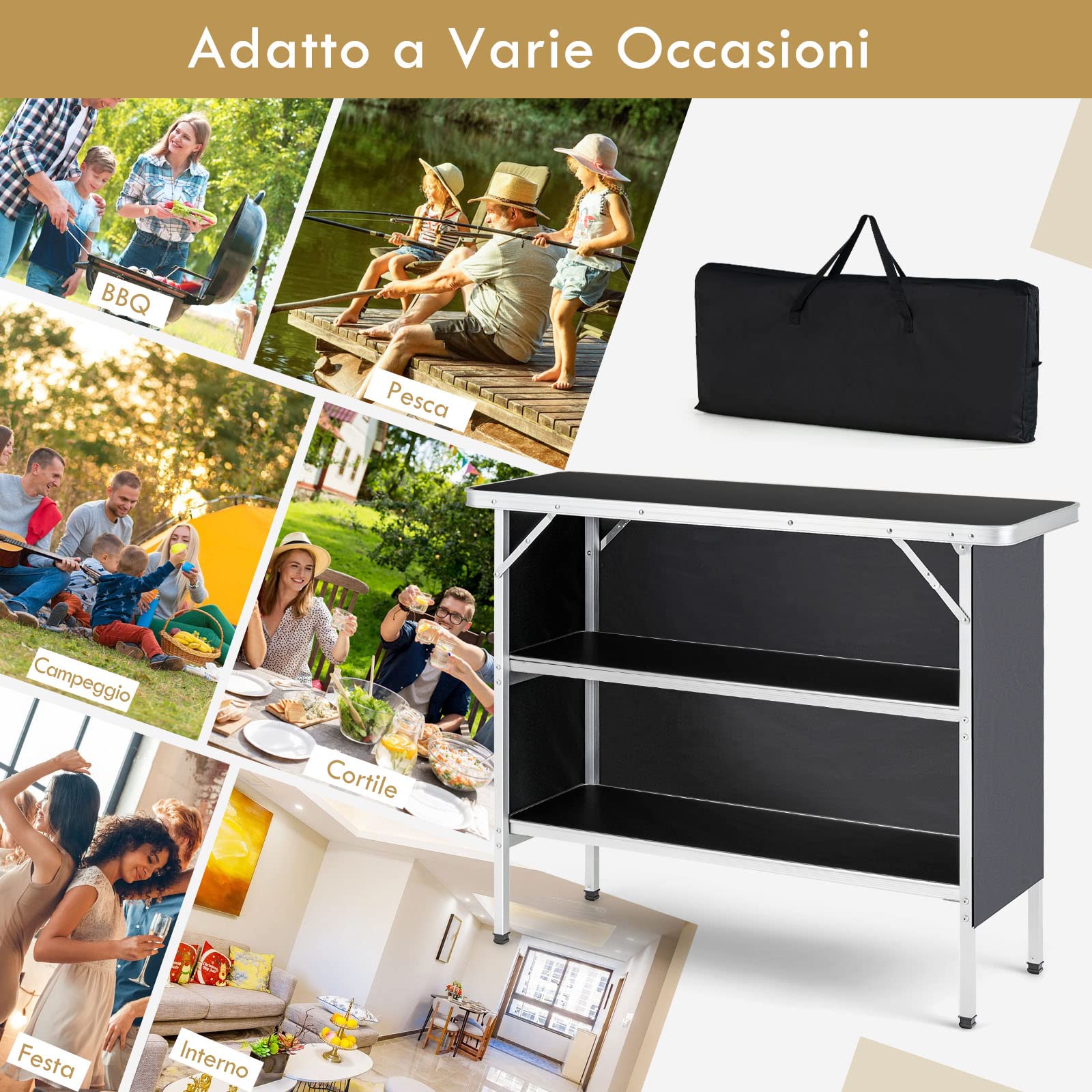 COSTWAY Cucina da Campeggio Pieghevole con Telaio in Alluminio 3 Ripiani Borsa Trasporto Nero